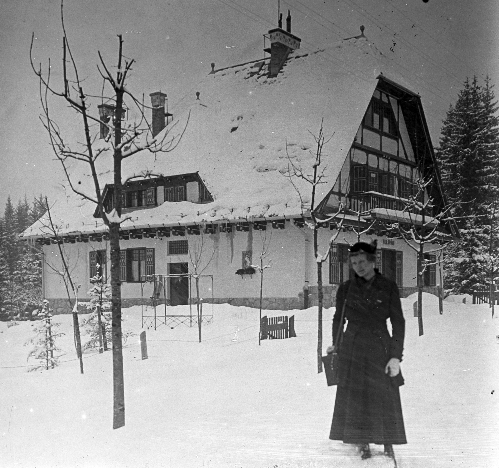Slovakia,High Tatras, Tatranská Lomnicá, Tulipán villa (később Tulipán szálloda)., 1917, Schoch Frigyes, woods, winter, snow, hotel, Tatra Mountains, Fortepan #27878