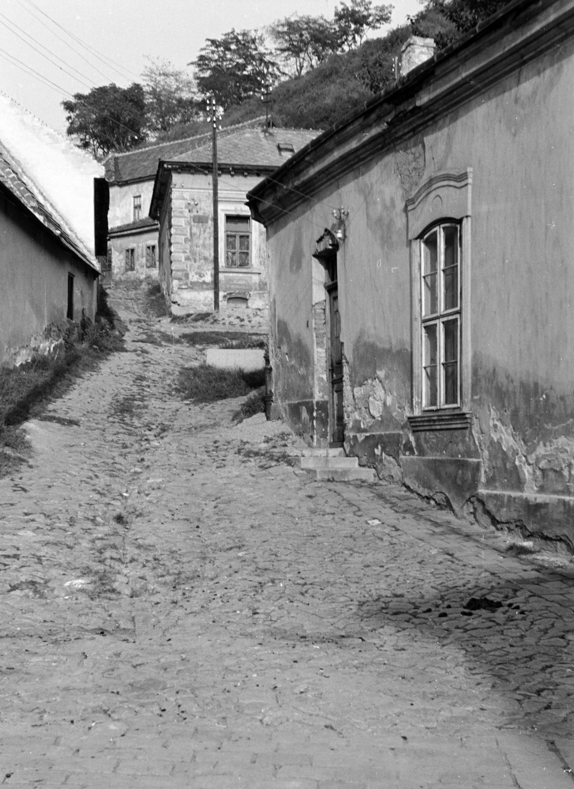 Magyarország, Esztergom, az Álmos utca a Bajcsy-Zsilinszky út (11-es főút) felől nézve, jobbra a Török Ignác utca torkolata. Fent a Szent Tamás-hegy részlete látszik., 1960, Artfókusz, Fábián József, lejtő, lakóház, utcakép, Fortepan #278806