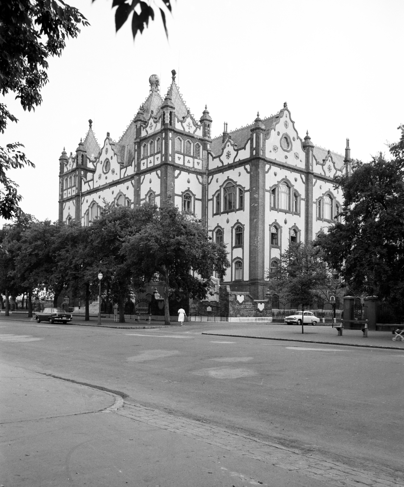 Magyarország, Budapest XIV., Stefánia (Népstadion) út 14., Magyar Állami Földtani Intézet. Jobbra a Szabó József köz (ekkor utca) sarkánál a fák ágai által takarva Böckh János geológus emléktáblája (Strobl Alajos, 1917) látható, 1966, Artfókusz, Fábián József, Budapest, Fortepan #279112