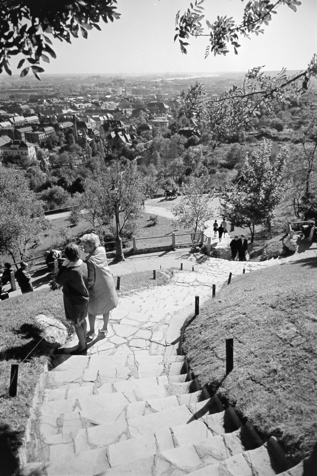 Hungary, Budapest XI., kilátás dél felé, fent a távolban a Duna és a Csepel-sziget látszik., 1965, Artfókusz, bench, stairs, view, pedestrian, Budapest, Fortepan #279714