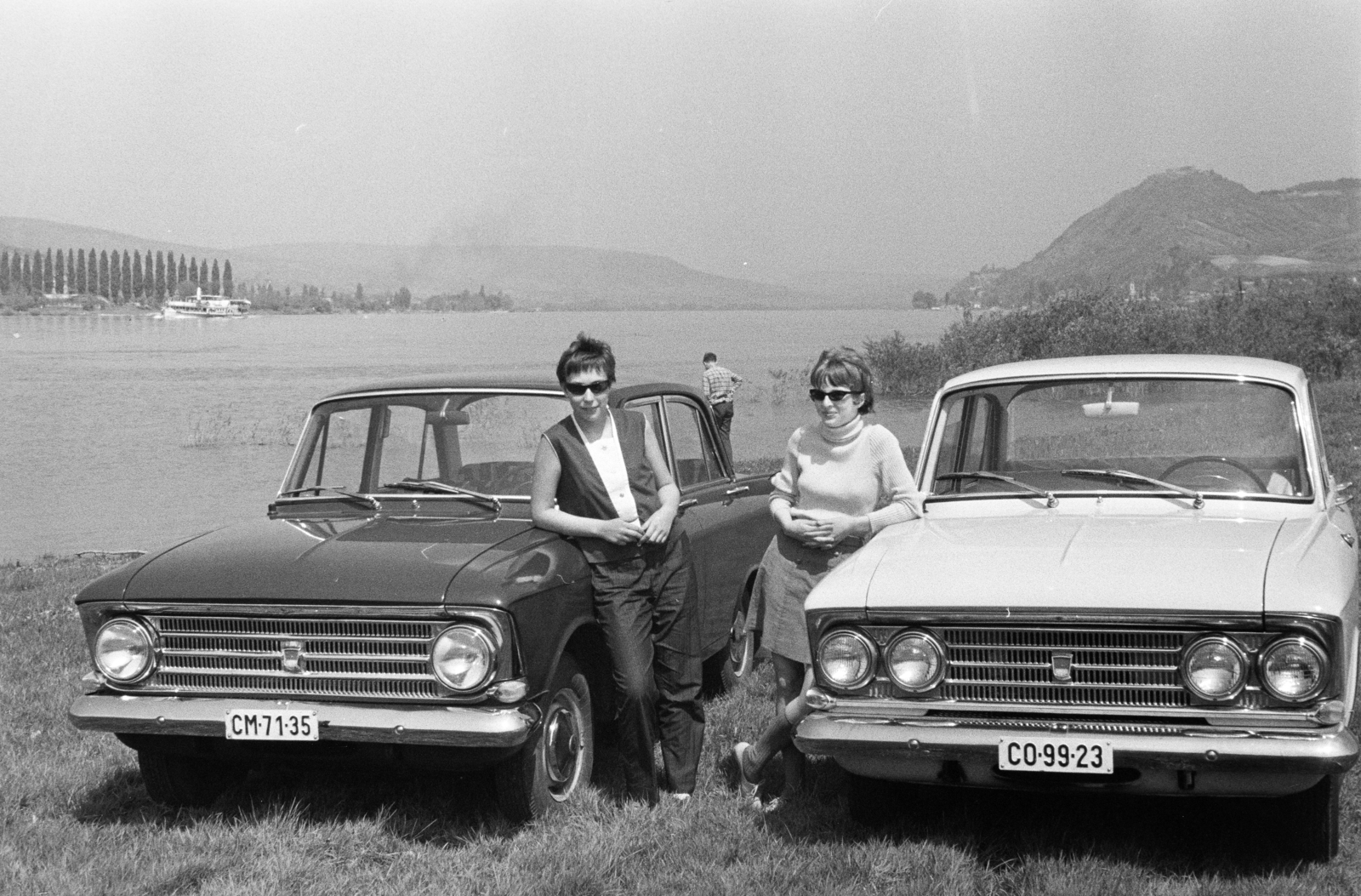 Magyarország,Dunakanyar, Visegrád, Duna-part, háttérben a Várhegy a Fellegvárral. A túlparton balra a nagymarosi nyárfasor., 1968, Artfókusz, Fábián József, rendszám, Fortepan #281040