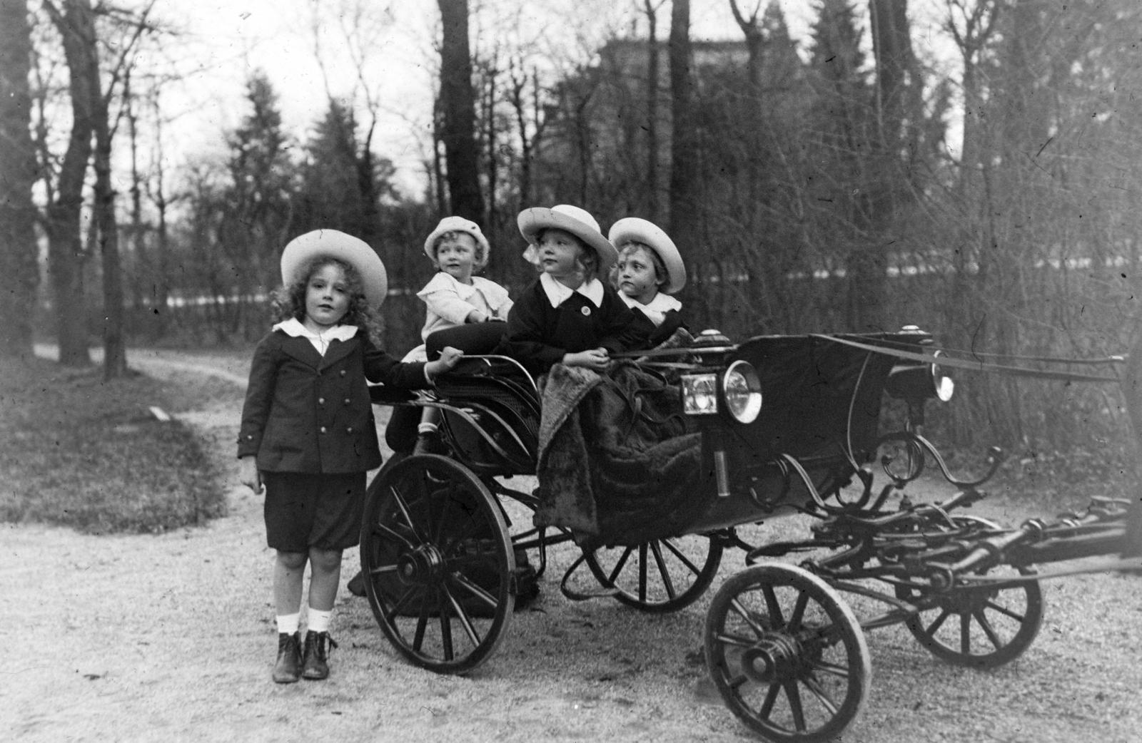 Habsburg Ottó és testvérei a fogatkocsiban, b-j: Ottó, Félix, Etelka és Róbert, 1917, Habsburg Ottó Alapítvány, kids, child labour, Fortepan #281220
