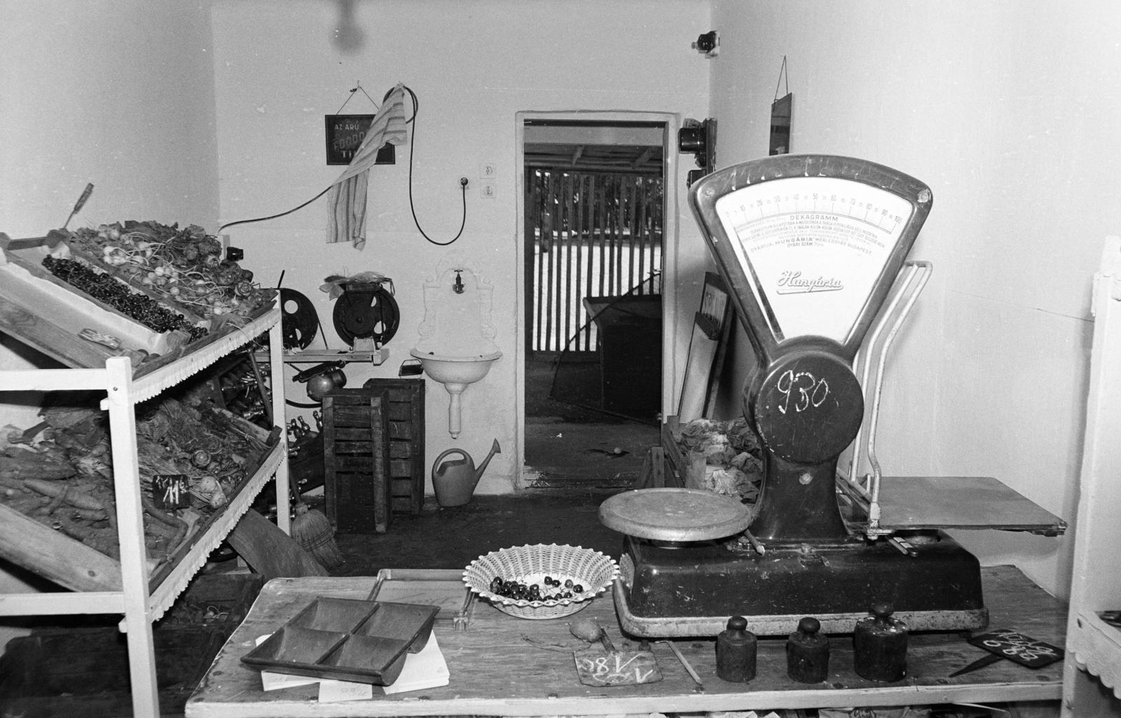 A kép forrását kérjük így adja meg: Fortepan / Budapest Főváros Levéltára. Levéltári jelzet: HU.BFL.XV.19.c.10, 1972, Budapest Főváros Levéltára / BRFK helyszínelési fényképei, BRFK Hivatala Bűnügyi Technikai Osztály, zöldséges, fali csap, mérleg, súly, Fortepan #281709