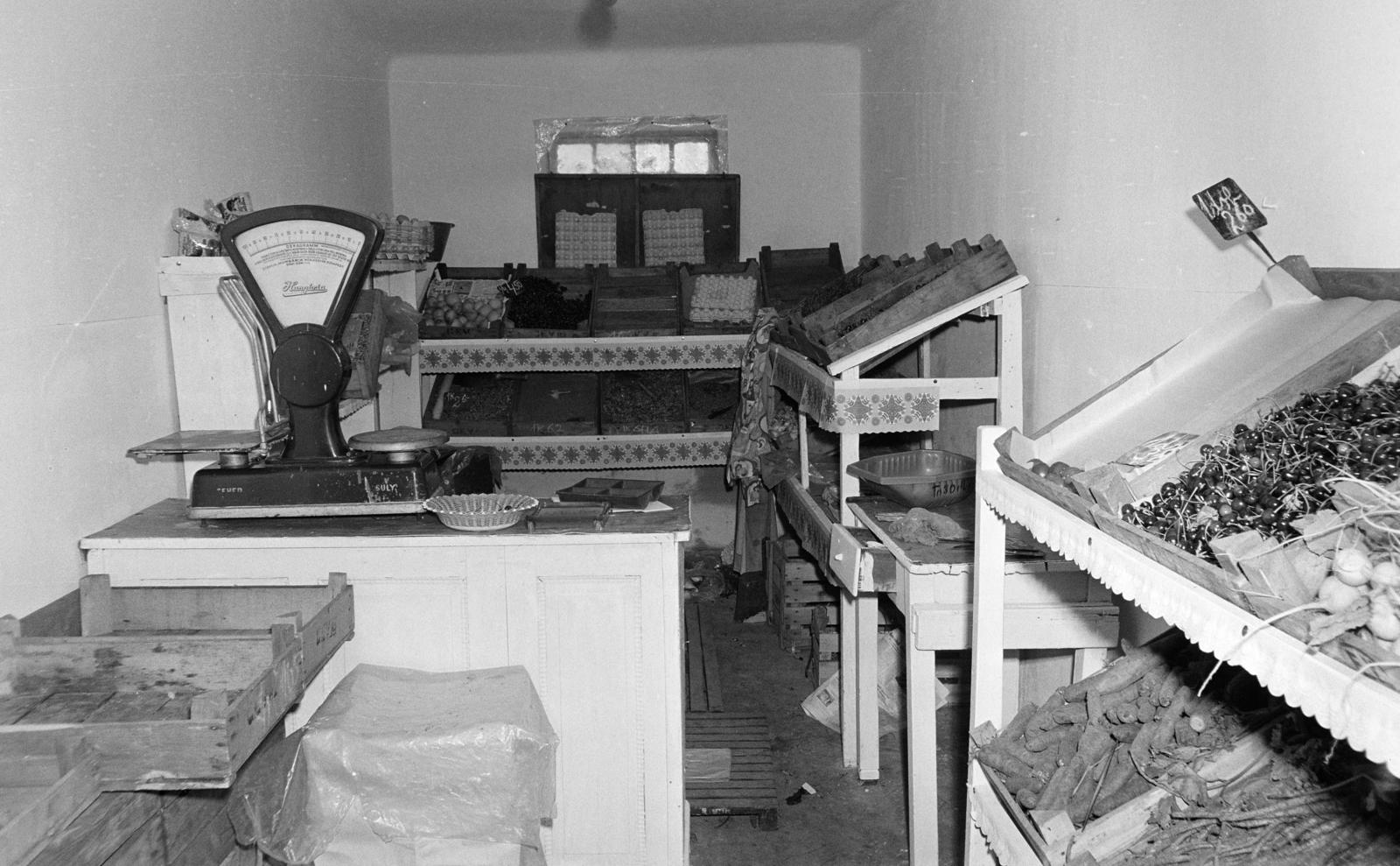A kép forrását kérjük így adja meg: Fortepan / Budapest Főváros Levéltára. Levéltári jelzet: HU.BFL.XV.19.c.10, 1972, Budapest Főváros Levéltára / BRFK helyszínelési fényképei, BRFK Hivatala Bűnügyi Technikai Osztály, greengrocer, scale, Fortepan #281710