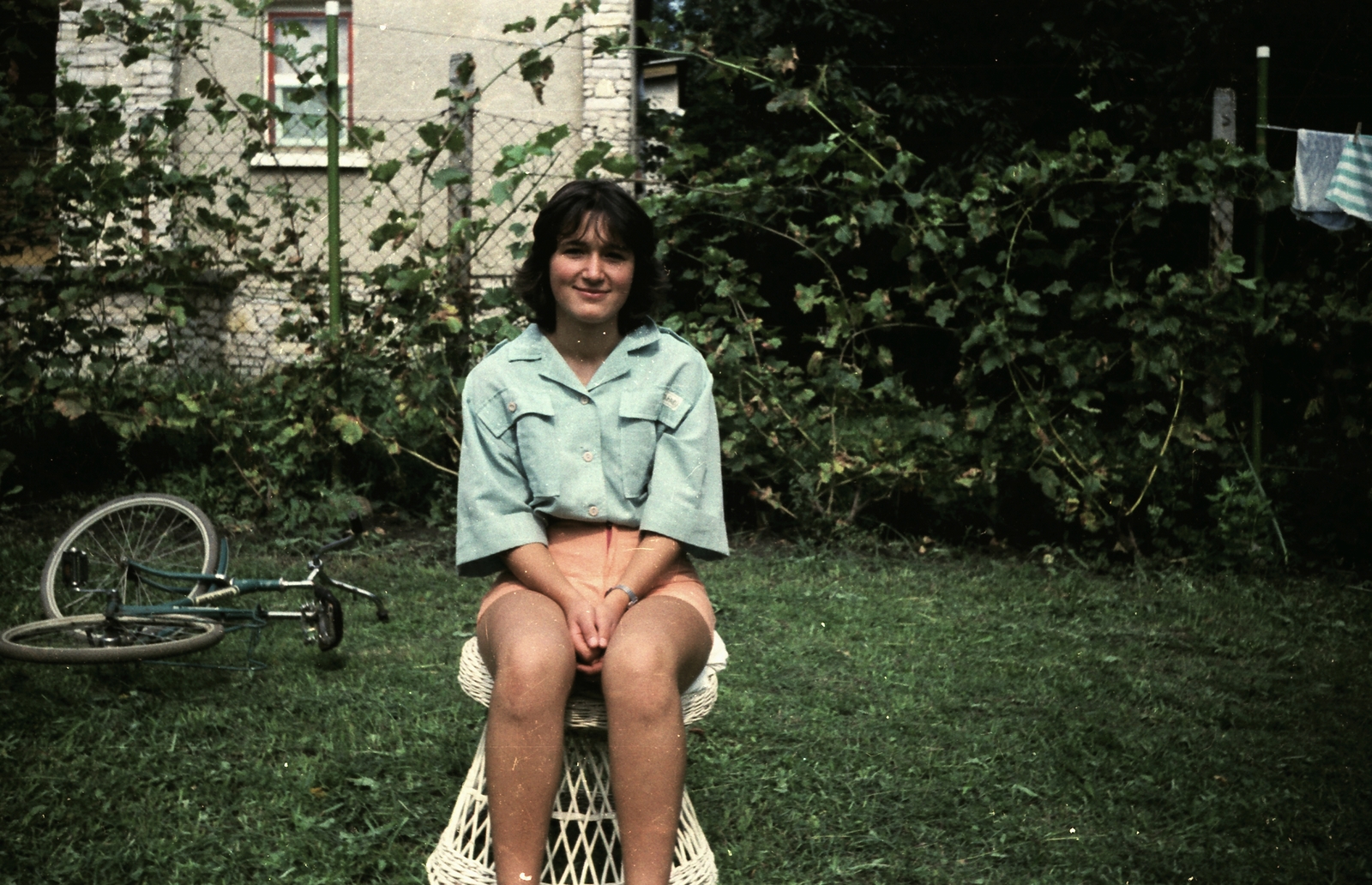 Hungary, 1989, Umann Kornél, portrait, bicycle, colorful, garden, wicker chair, smile, summer, girl, Fortepan #28271