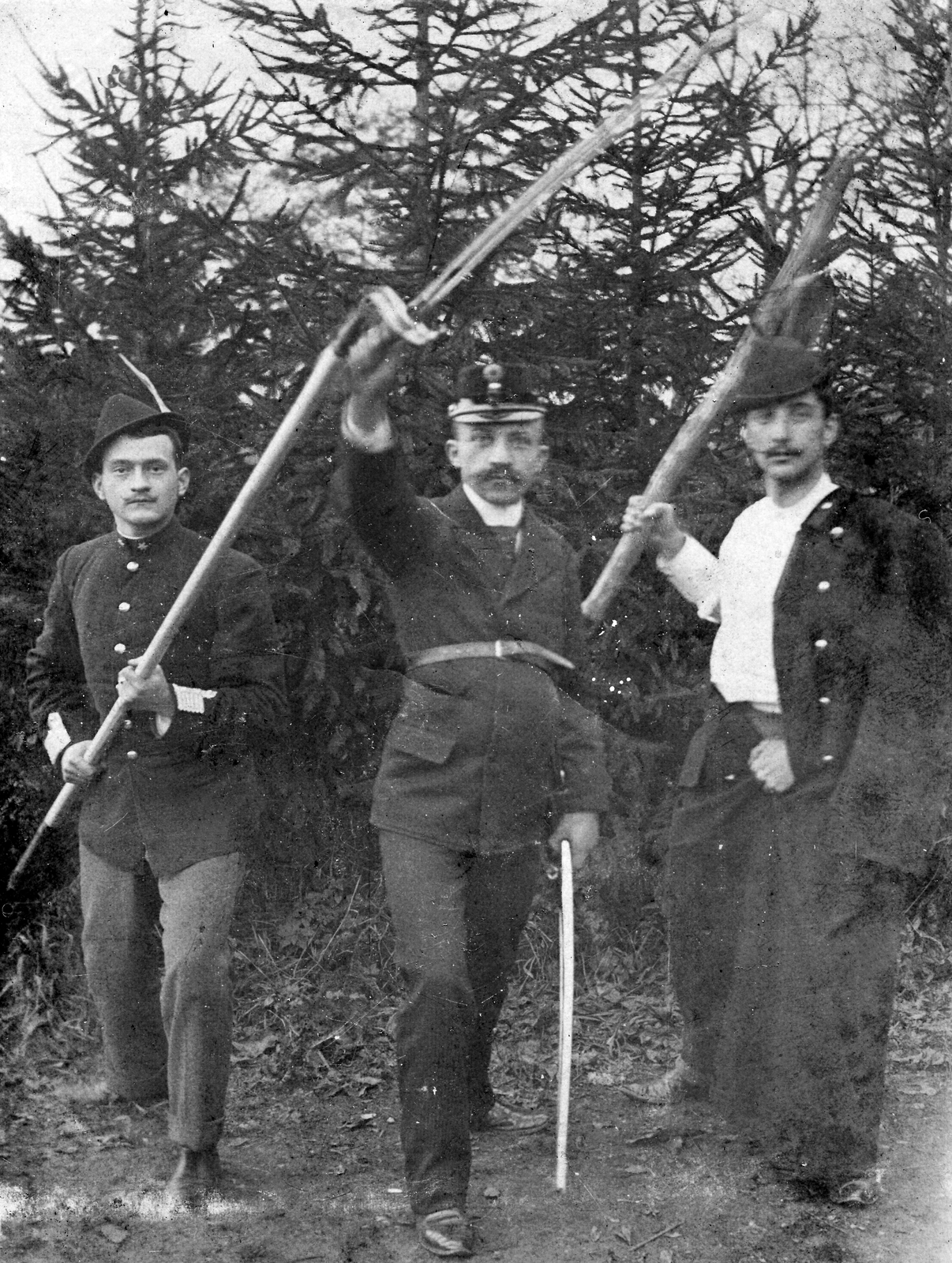 1911, Horváth Lajos, uniform, tableau, men, sword, posture, three people, Fortepan #28315