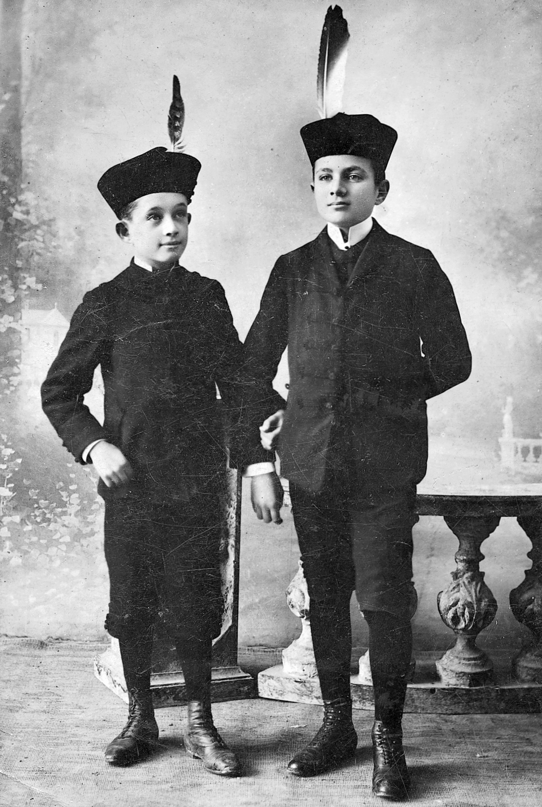 1916, Hirschler András, studio, kids, boys, double portrait, pen, Fortepan #28343