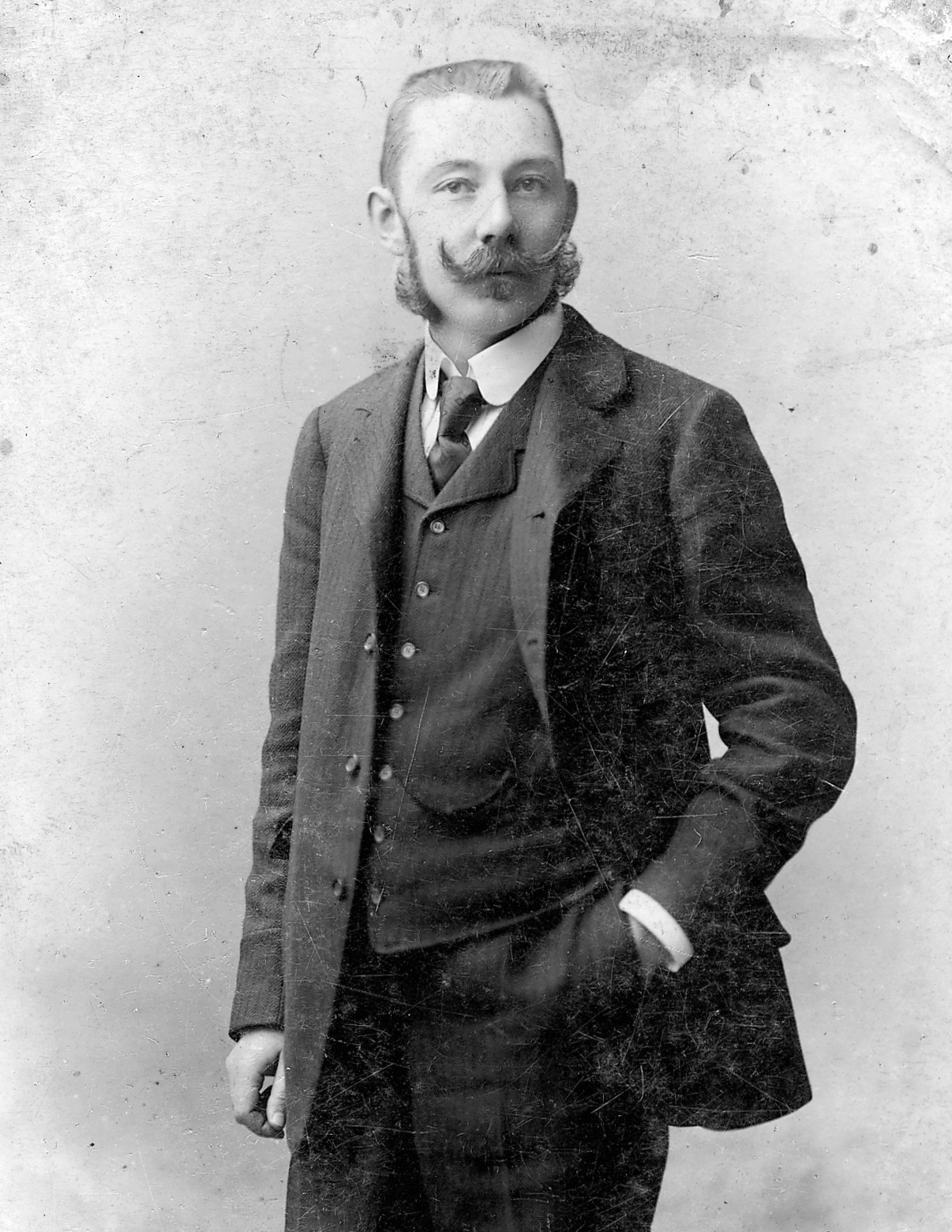 1903, Hirschler András, portré, nyakkendő, bajusz, férfi, elegancia, kabinetfotó, öltöny, pofaszakáll, Fortepan #28356
