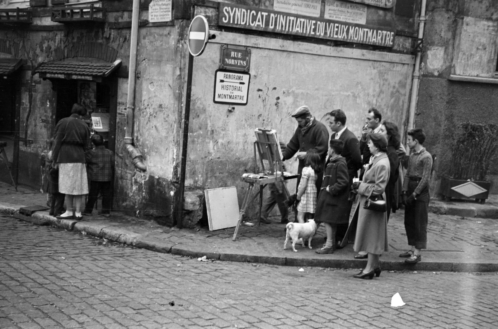 France, Paris, Place du Tertre - Rue Norvins sarok., 1955, Bihari Erzsébet-Németh Tamás Lajos, Best of, street portrait drawing, Fortepan #284403