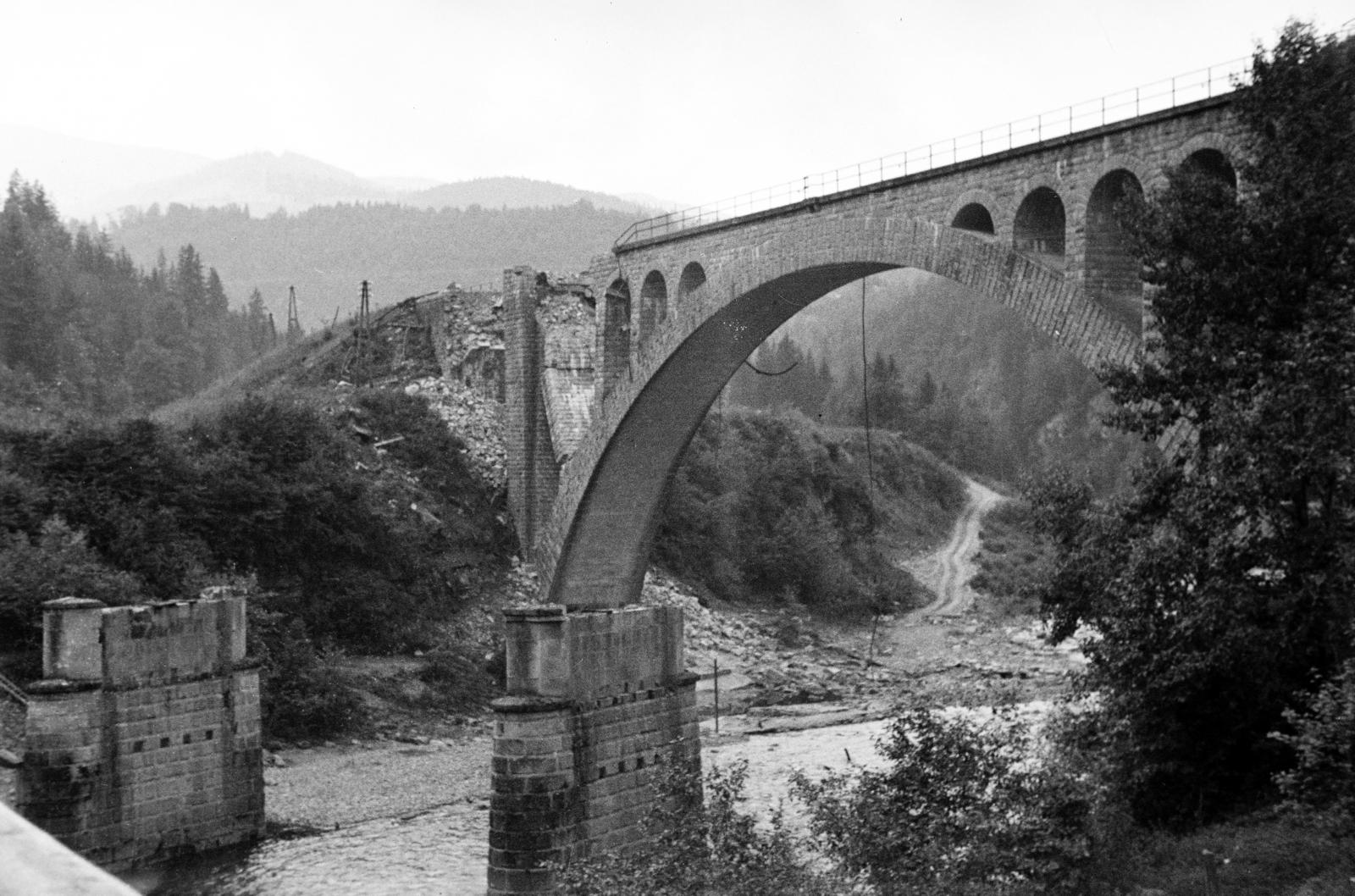 Ukraine, Yaremche, felrobbantott viadukt a Prut folyó felett., 1942, Fortepan/Album090, wrecked bridge, Fortepan #284907