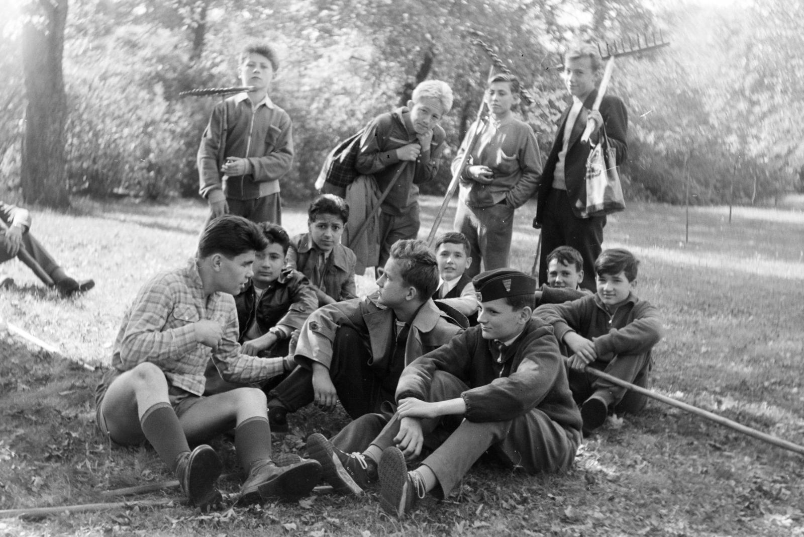 1958, Gara család, rake, sitting on the ground, boys, Fortepan #285591