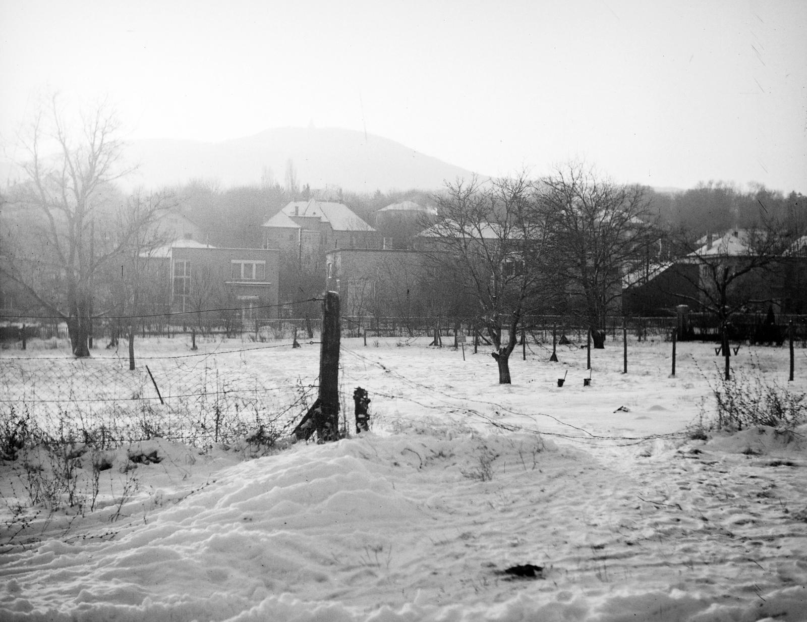 Hungary, Budapest II., Széplak utca, szemben a Napraforgó utca - Zuhatag sor közötti épületek mögött a Ferenc-halom sziluettje látható., 1939, Kieselbach Tamás, Budapest, Fortepan #286411