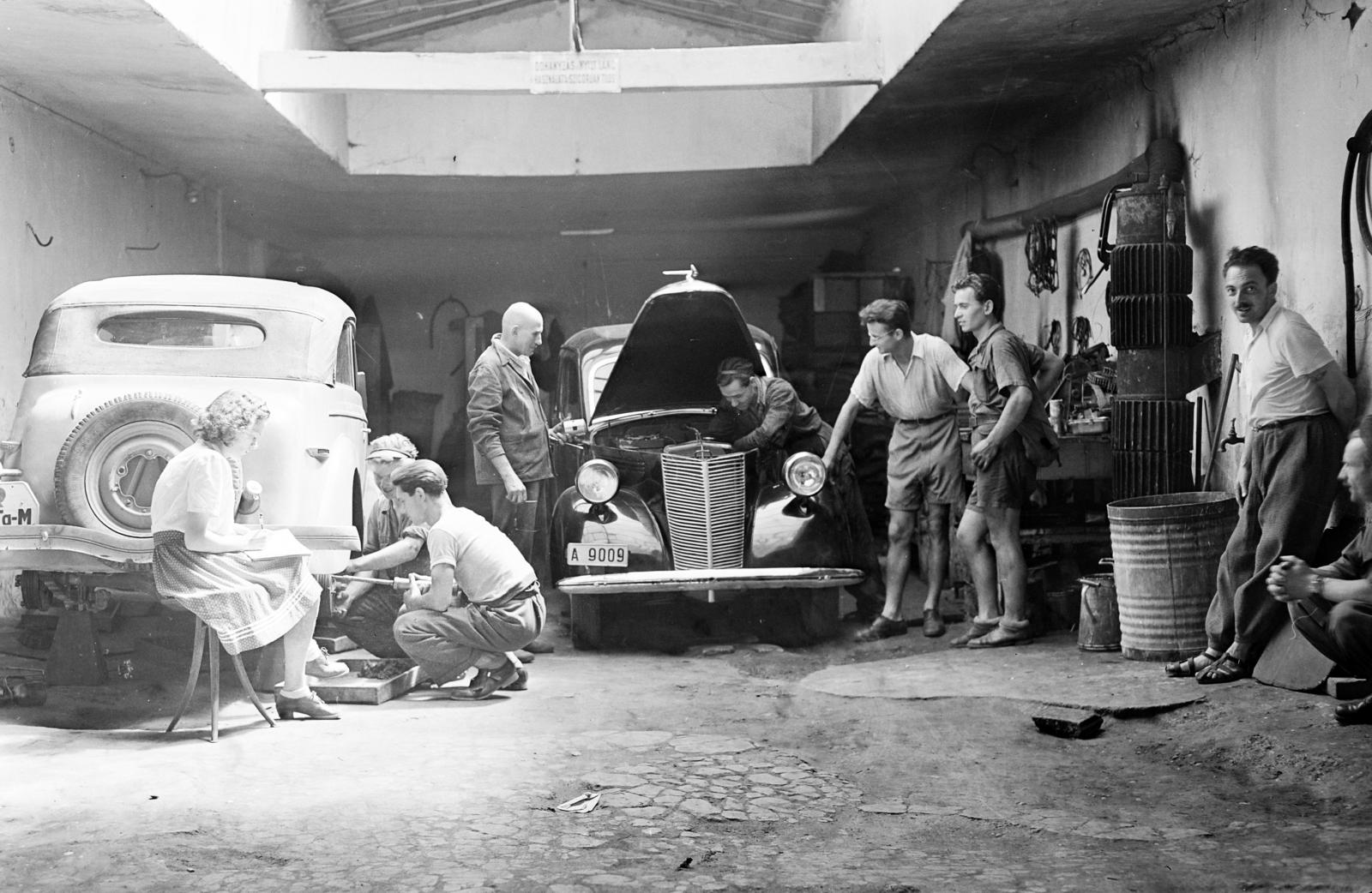 1936, Kieselbach Tamás, Best of, automobile, assembly, woman, tool, number plate, garage, men, Fortepan #286450