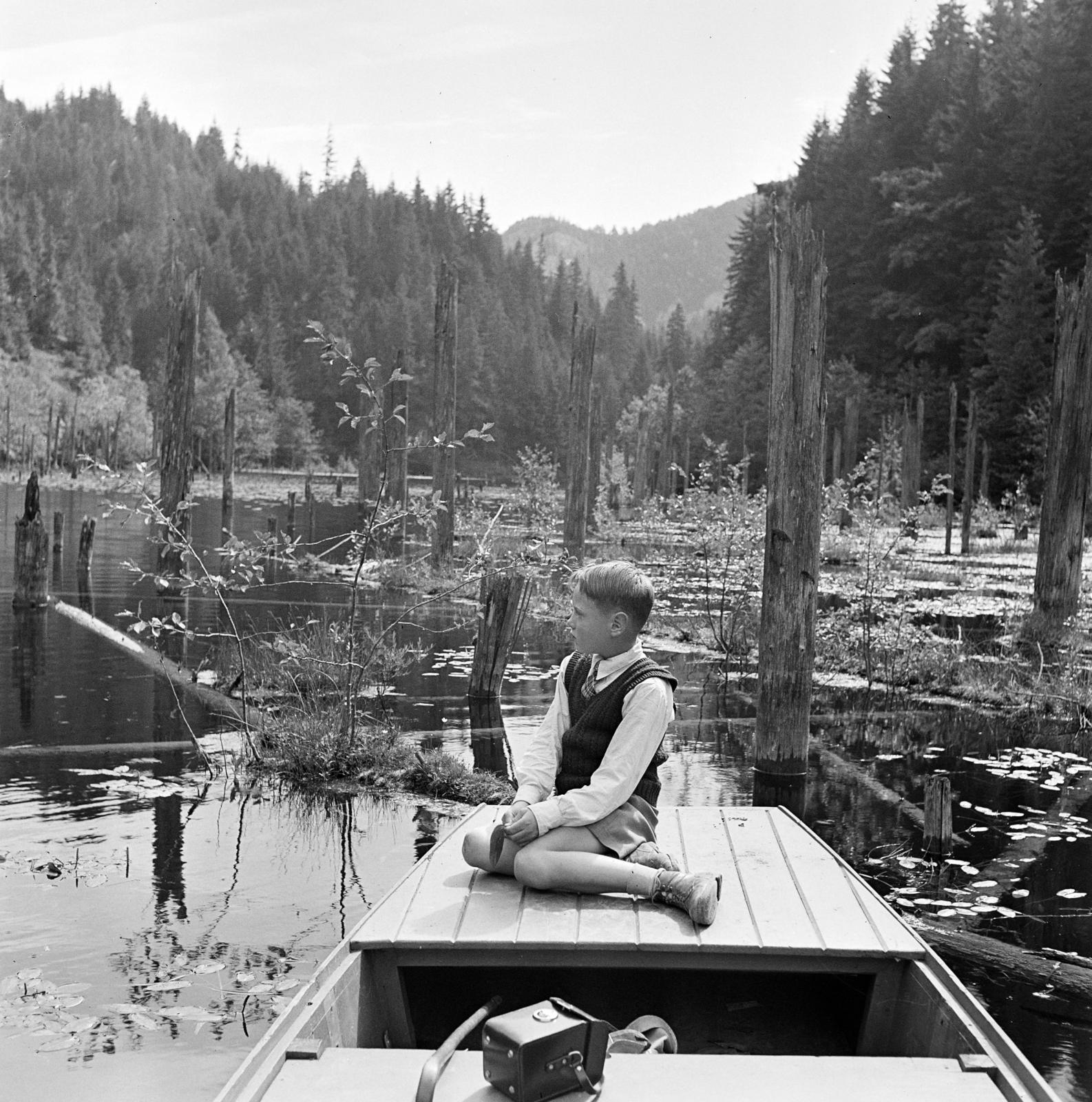 Romania,Transylvania, Lacul Rosu,Hasmas Mountains, 1939, Kieselbach Tamás, Best of, boy, wood, pier, Fortepan #286490