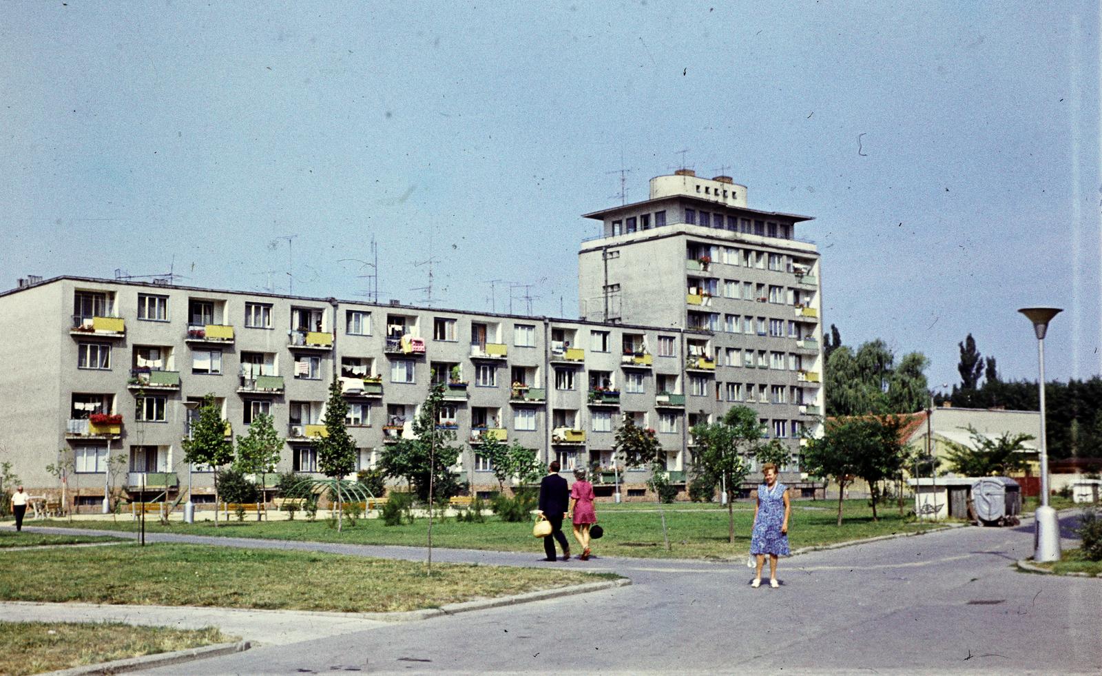 Slovakia, Piešťany, a Royova ulica 6-8-10-12. és a 14. számú magasház hátsó homlokzata a Winterova ulica irányából, jobbra a Kalinčiakova ulica., 1973, Kozák, colorful, Fortepan #286838