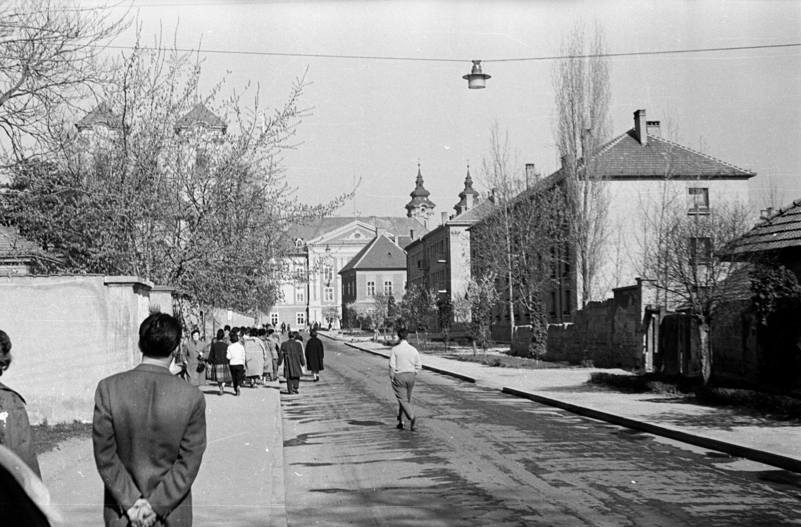 Hungary, Eger, Egészségház utca, balra a fák takarásában a Ferences templom, szemben a Kossuth Lajos utcánál a Megyeháza (ekkor Megyei Tanács), háttérben a minorita templom tornyai látszanak., 1960, Szilvási hagyaték, Fortepan #287067