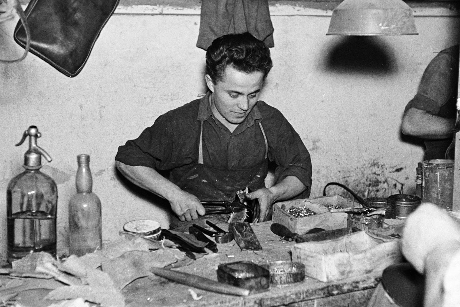 1960, Tóth Ákos, shoemaker, workshop, soda water bottle, leather goods, Fortepan #287277