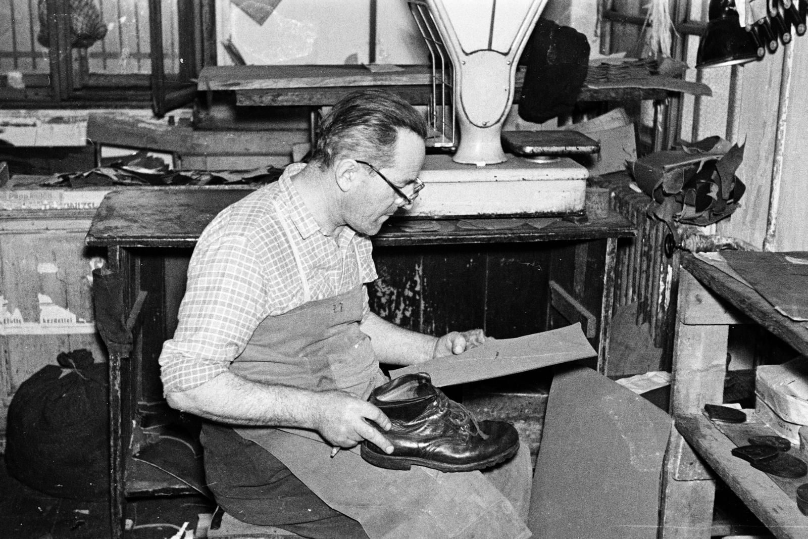 1960, Tóth Ákos, shoemaker, workshop, scale, Fortepan #287288