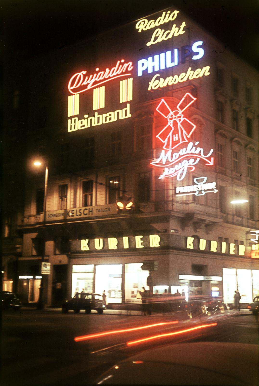 Ausztria, Bécs, Philharmonikerstraße - Kärntner Strasse sarok., 1962, Csaba László örökösei, Best of, neonreklám, neon felirat, színes, Fortepan #287983