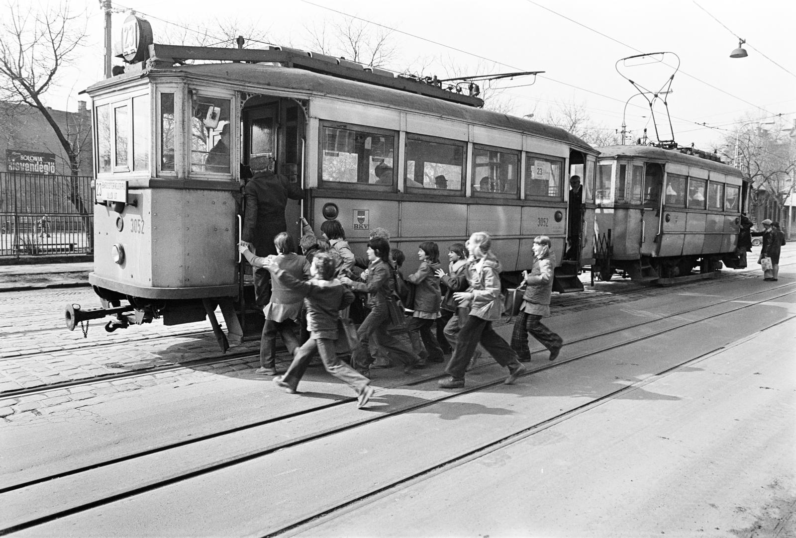 Hungary, Budapest VIII., Vajda Péter utca, villamosmegálló a MÁVAG kolónia épülettömbje előtt a Delej utca közelében. Háttérben az általános iskola sportpályája., 1980, Prohászka Imre, Best of, tram stop, BKV-organisation, Budapest, Fortepan #288717