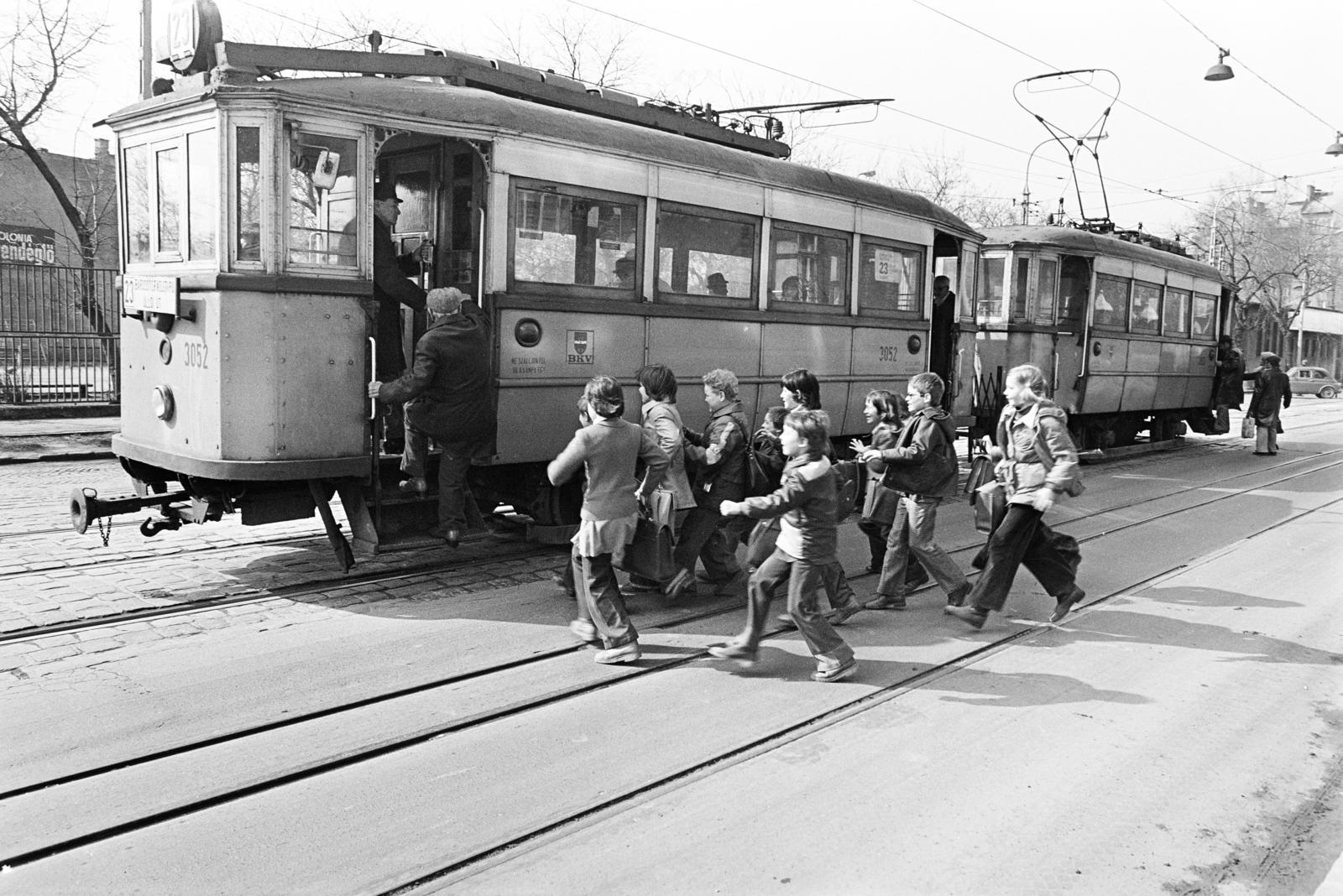 Hungary, Budapest VIII., Vajda Péter utca, villamosmegálló a MÁVAG kolónia épülettömbje előtt a Delej utca közelében. Háttérben az általános iskola sportpályája., 1980, Prohászka Imre, Budapest, Fortepan #288718