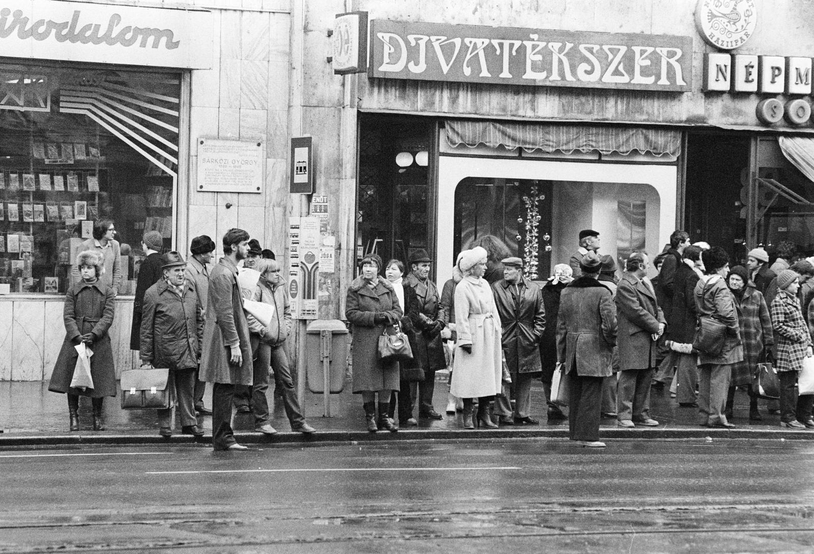 Hungary, Budapest VII., Erzsébet körút, autóbuszmegálló a 7. és 5. számú ház előtt., 1982, Prohászka Imre, Budapest, Fortepan #288845