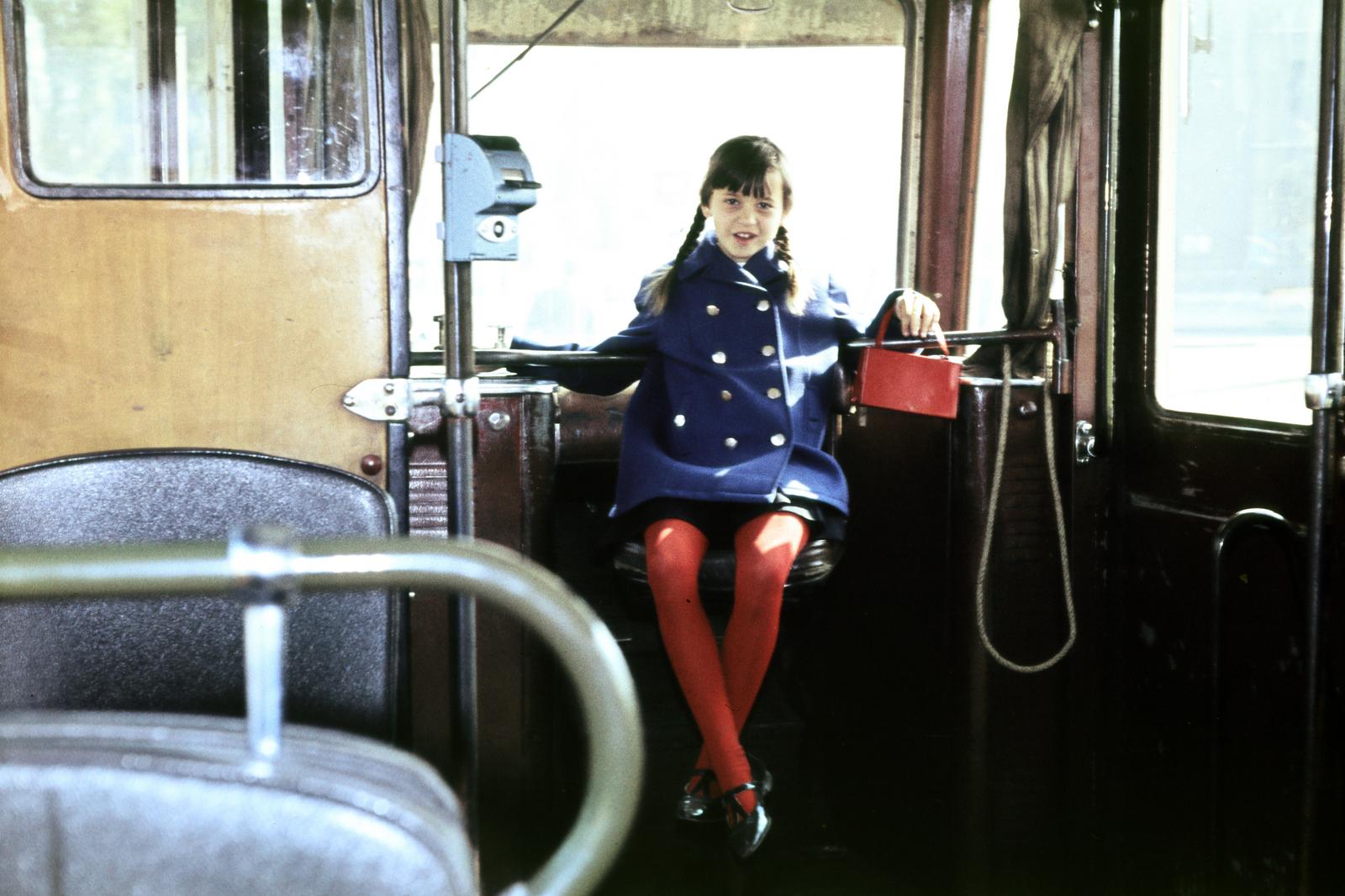 1970, Bencseky Mátyás, vehicle interior, tram, double-breasted coat, colorful, Fortepan #289608