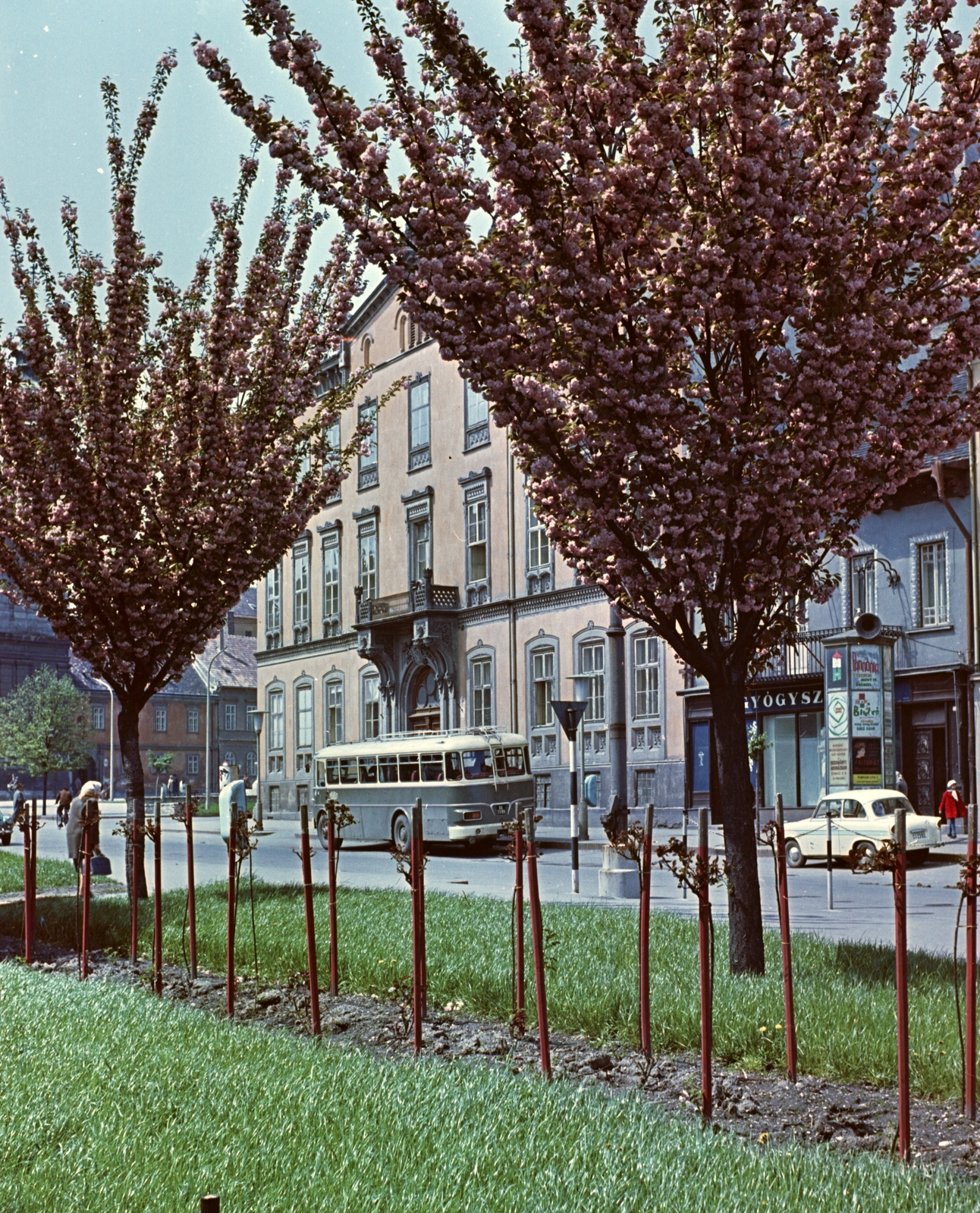 Hungary, Sopron, Várkerület (Lenin körút), Horváth-ház a Széchenyi tér sarkán., 1964, Építésügyi Dokumentációs és Információs Központ, VÁTI, colorful, bus, sign-board, Hungarian brand, street view, Ikarus-brand, ad pillar, pharmacy, Ikarus 620, speaker, Fortepan #28963