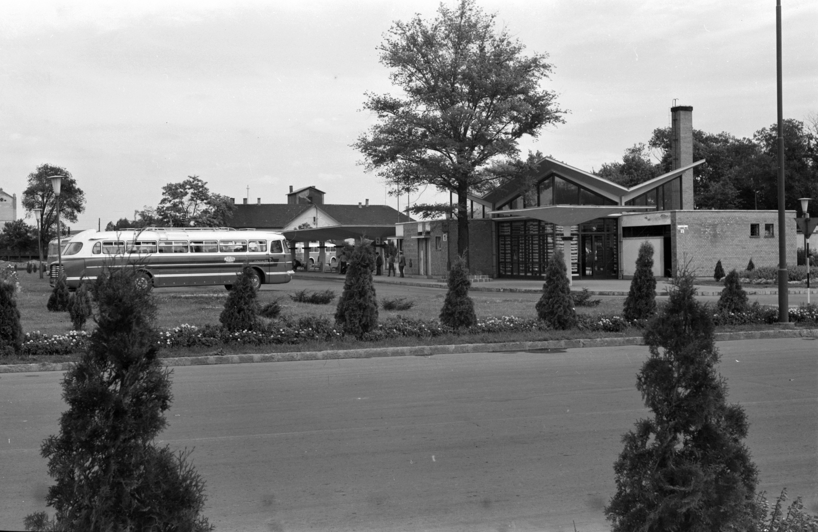 Hungary, Kecskemét, Noszlopy Gáspár (Felszabadulás) park, MÁVAUT autóbusz-állomás., 1966, Építésügyi Dokumentációs és Információs Központ, VÁTI, bus, Hungarian brand, Ikarus-brand, bus stop, Fortepan #28987