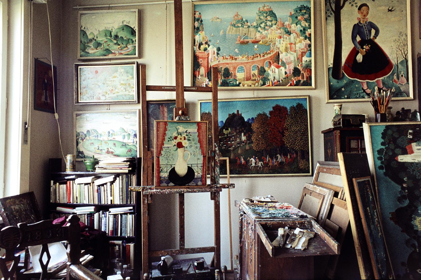 Magyarország, Budapest II., Trombitás út 2., Pekáry István festőművész műterme., 1971, Bencseky Mátyás, Budapest, gyűjtemény, műterem, festőállvány, festmény, színes, Fortepan #289920
