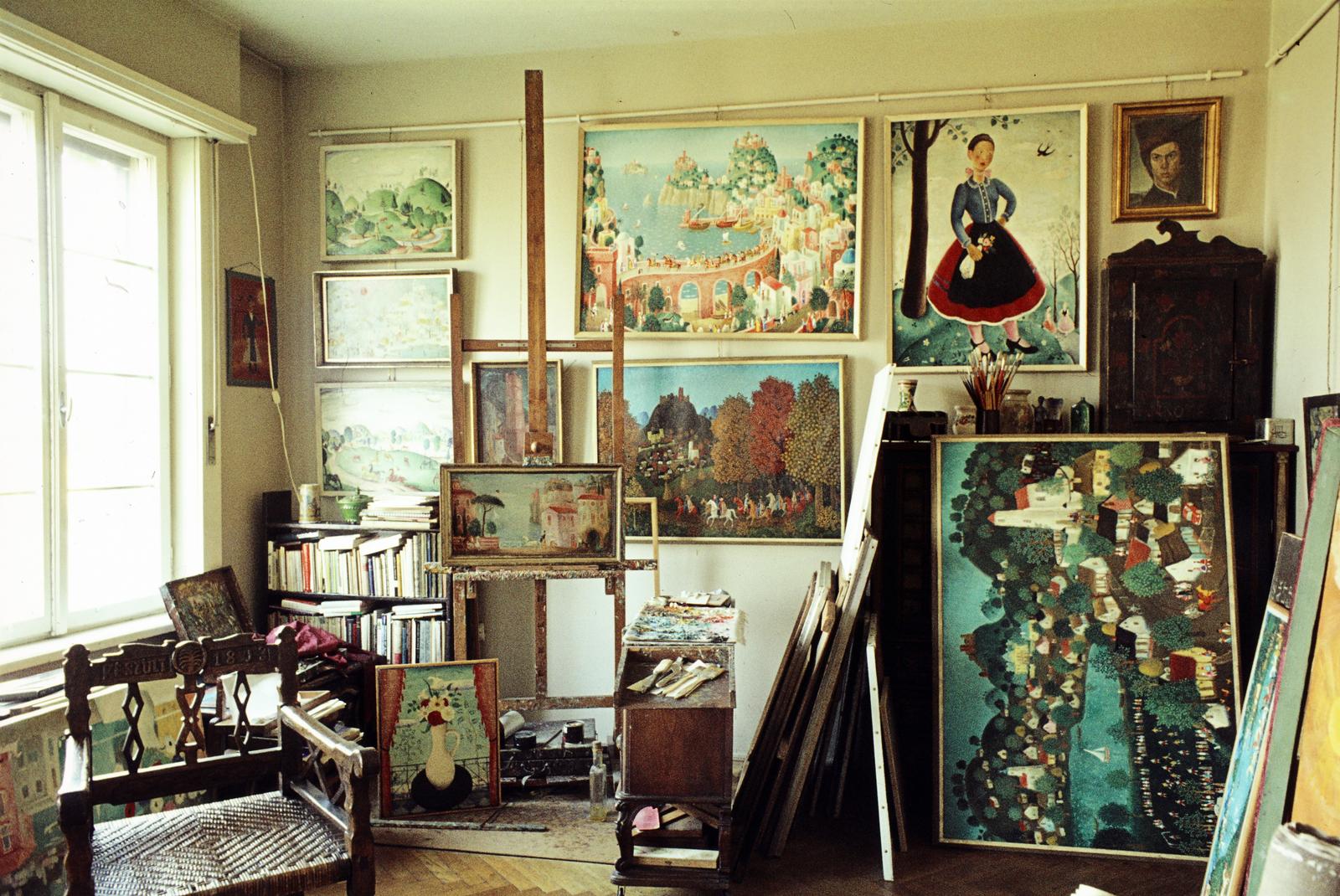 Hungary, Budapest II., Trombitás út 2., Pekáry István festőművész műterme., 1971, Bencseky Mátyás, Budapest, studio, easel, painting, Fortepan #289921