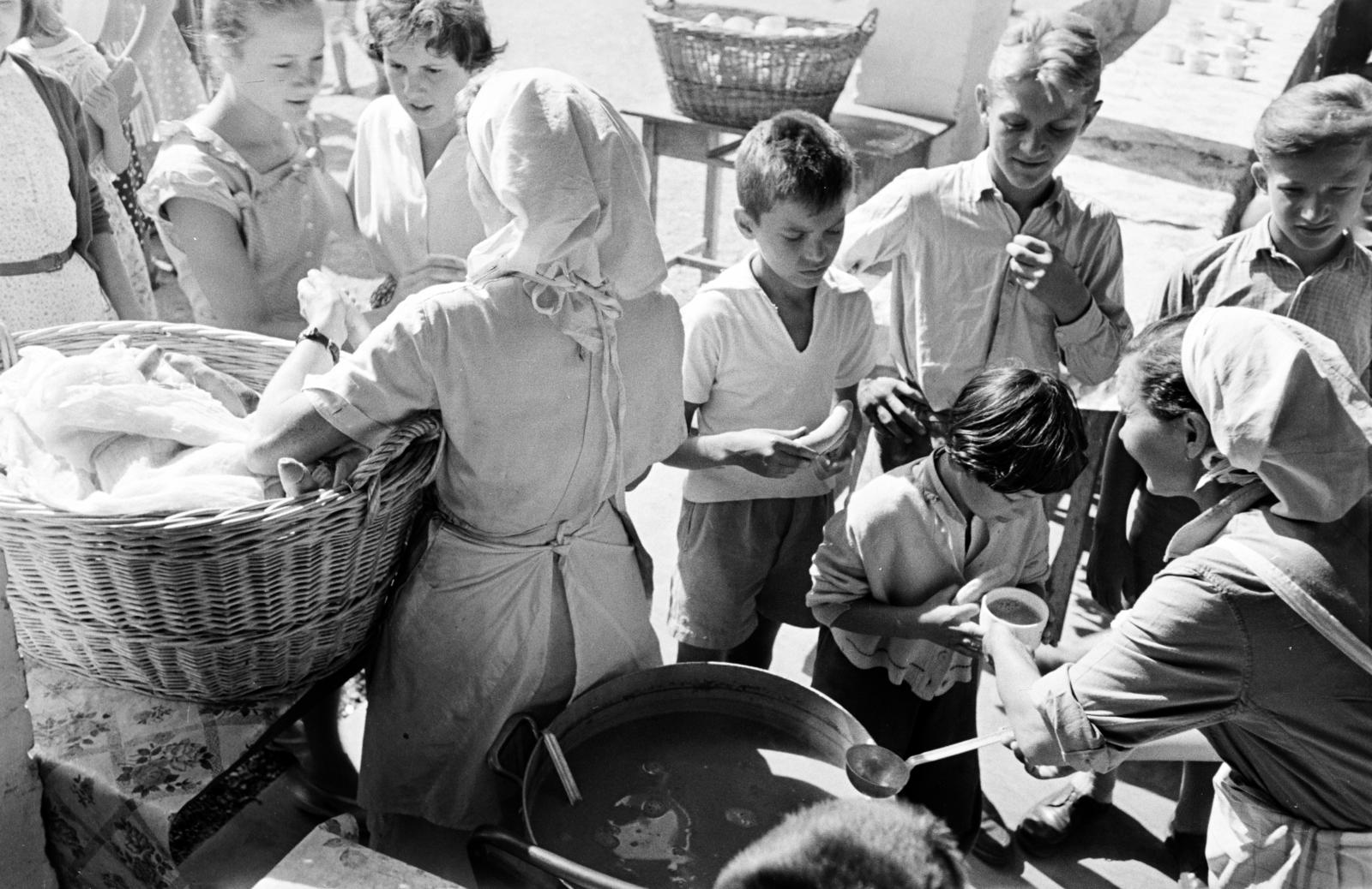 Magyarország, Budapest XII., Fülemile út 5., XII. kerületi Kisdobos Városi Tábor / Fülemile-tábor, a felvétel ételosztáskor készült., 1958, Hegyvidéki Helytörténeti Gyűjtemény, kisdobos, Budapest, Fortepan #290117