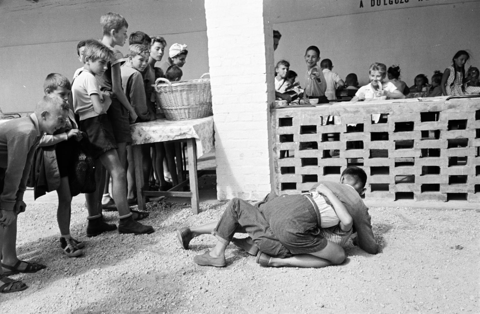 Hungary, Budapest XII., Fülemile út 5., XII. kerületi Kisdobos Városi Tábor / Fülemile-tábor, a felvétel ételosztáskor készült., 1958, Hegyvidéki Helytörténeti Gyűjtemény, Best of, Little drummer, wrestling, brawl, Budapest, Fortepan #290120