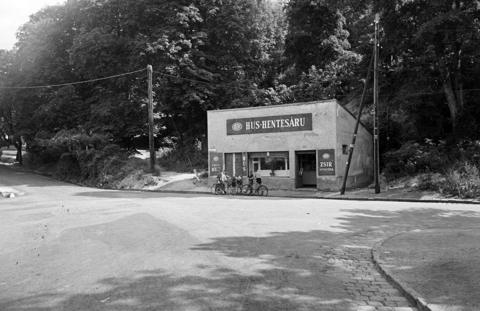 Hungary, Budapest XII., Béla király út, a KÖZÉRT Hús - hentesáru boltja, jobbra a Csillagvölgyi út., 1959, Hegyvidéki Helytörténeti Gyűjtemény, Budapest, Fortepan #290234