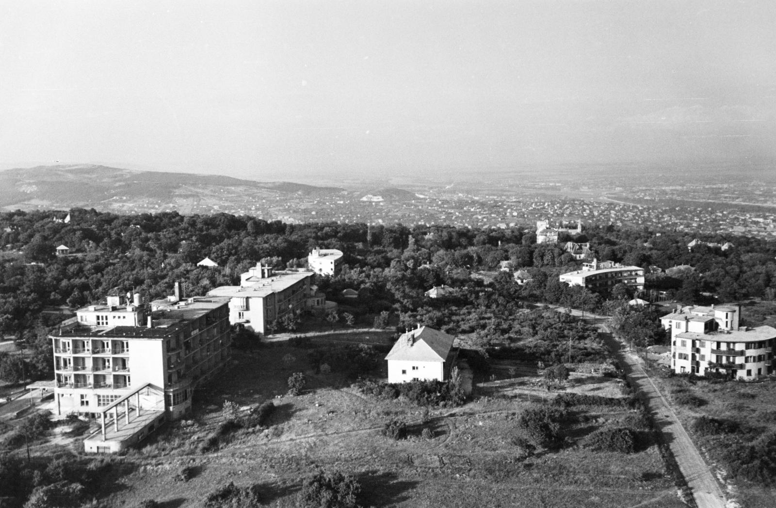 Hungary, untitled, Budapest XII., kilátás a TV toronyból a Rózsadomb, Óbuda felé. Balra az Agancs út 30-32. szám, a lakóházzá átalakított Hargita panzió, mögötte az Agancs út 26-28. szám alatti Arosa társasház (korábban társasüdülő), távolabb a Rege út 15., a SZOT Szabadság üdülő (egykor Gyopár üdülőszálló). Jobbra a Pipiske út 4,, az egykori társasszálló, mögötte balra a Rege társasház (korábban üdülőszálló), távolabb a Szabadsághegyi Állami Tüdőgyógyintézet (korábban Svábhegyi Szanatórium) épülete látható., 1961, Hegyvidéki Helytörténeti Gyűjtemény, Budapest, Fortepan #290296