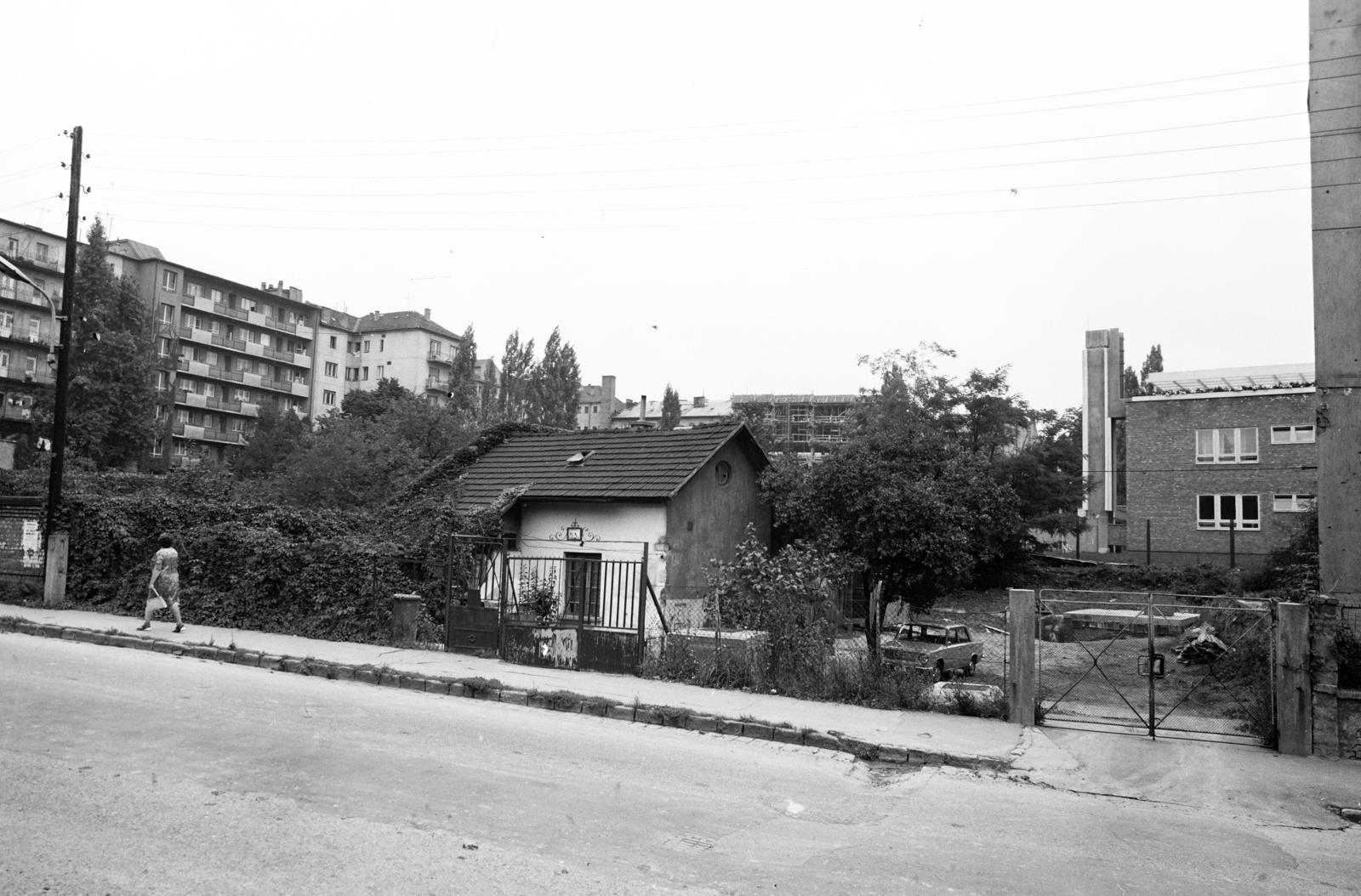 Magyarország, Budapest XII., Csörsz utca, szemben az 53-as számú ház, ettől balra az ortodox zsidó temető található. Jobbra a háttérben a Tanítóképző Főiskola Gyakorlóóvodája., 1975, Hegyvidéki Helytörténeti Gyűjtemény, Budapest, Fortepan #290571