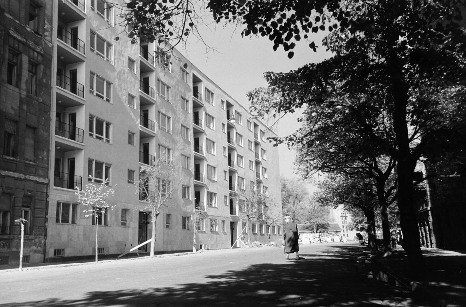 Magyarország, Budapest XII., Maros utca, szemben az átadás előtti 24. és 26. számú ház, a fák takarásában a városmajori Jézus Szíve-templom tornya., 1959, Hegyvidéki Helytörténeti Gyűjtemény, Budapest, Fortepan #290678