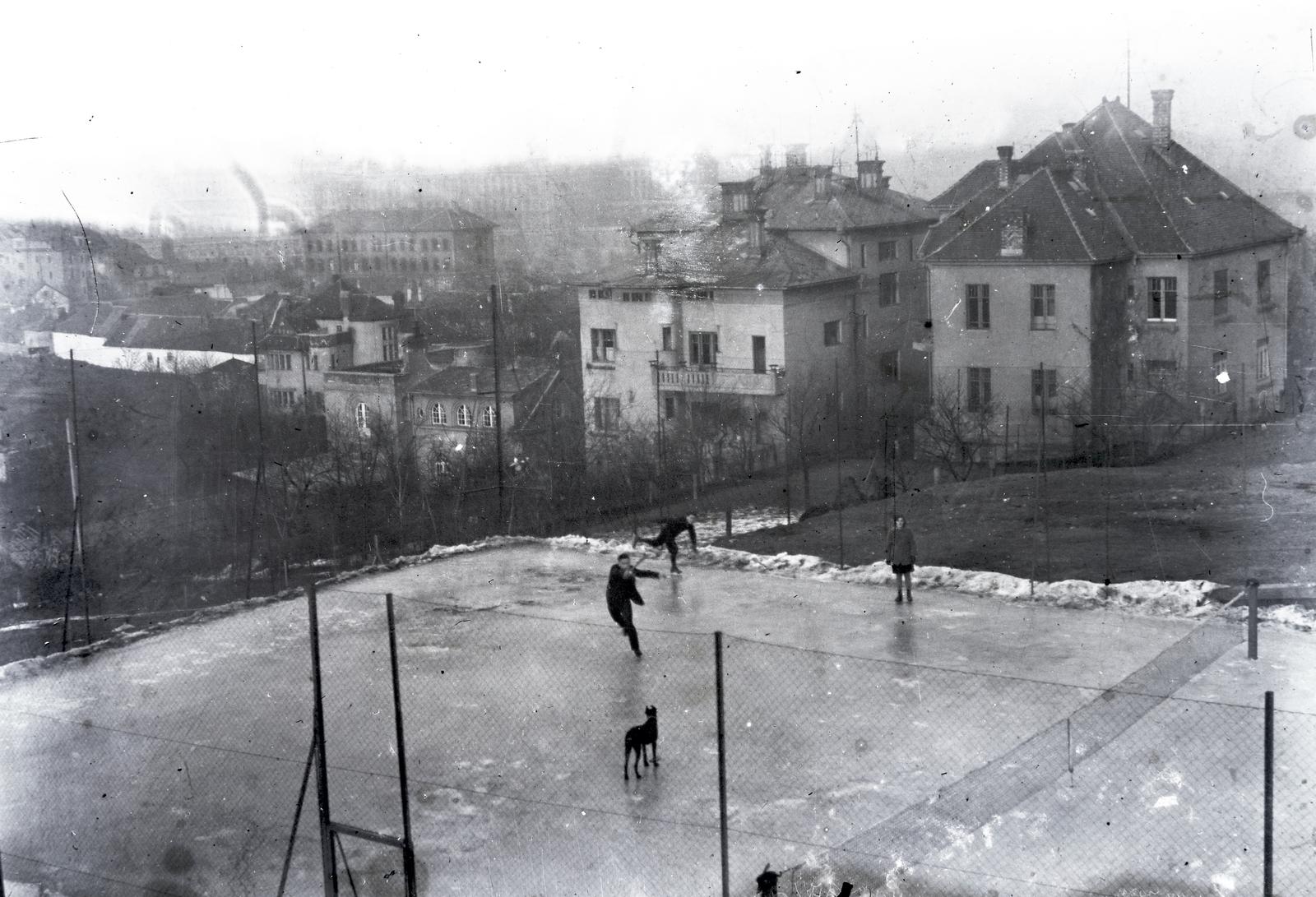 Hungary, Budapest I., jégpálya a Berényi utca 8-10. számú telken, szemben a Szirtes út 5/b, 5/a és 3-as számú ház, balra távolabb a Lisznyai utcai iskola épülete látható., 1929, Hodosi Róbert, ice-skating rink, skating, Budapest, Fortepan #291127