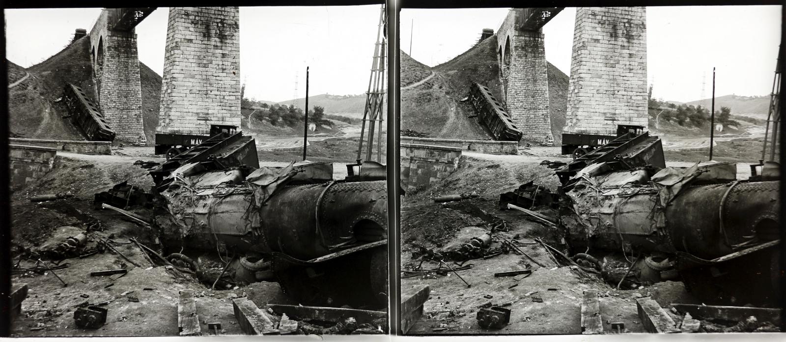 1931, Simó György, stereophoto, railway accident, bridge, Fortepan #291158