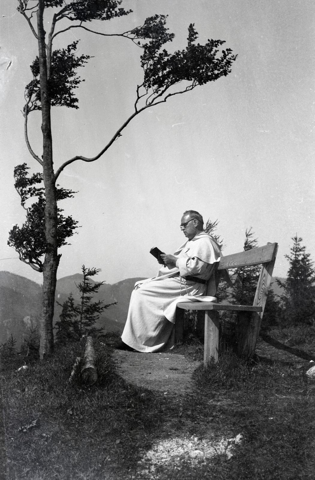 Ausztria, Mariazell, Badalik Bertalan domonkos szerzetes, katolikus pap, későbbi veszprémi püspök., 1932, Nagy Emese, pap, pihenés, olvasás, Fortepan #291793
