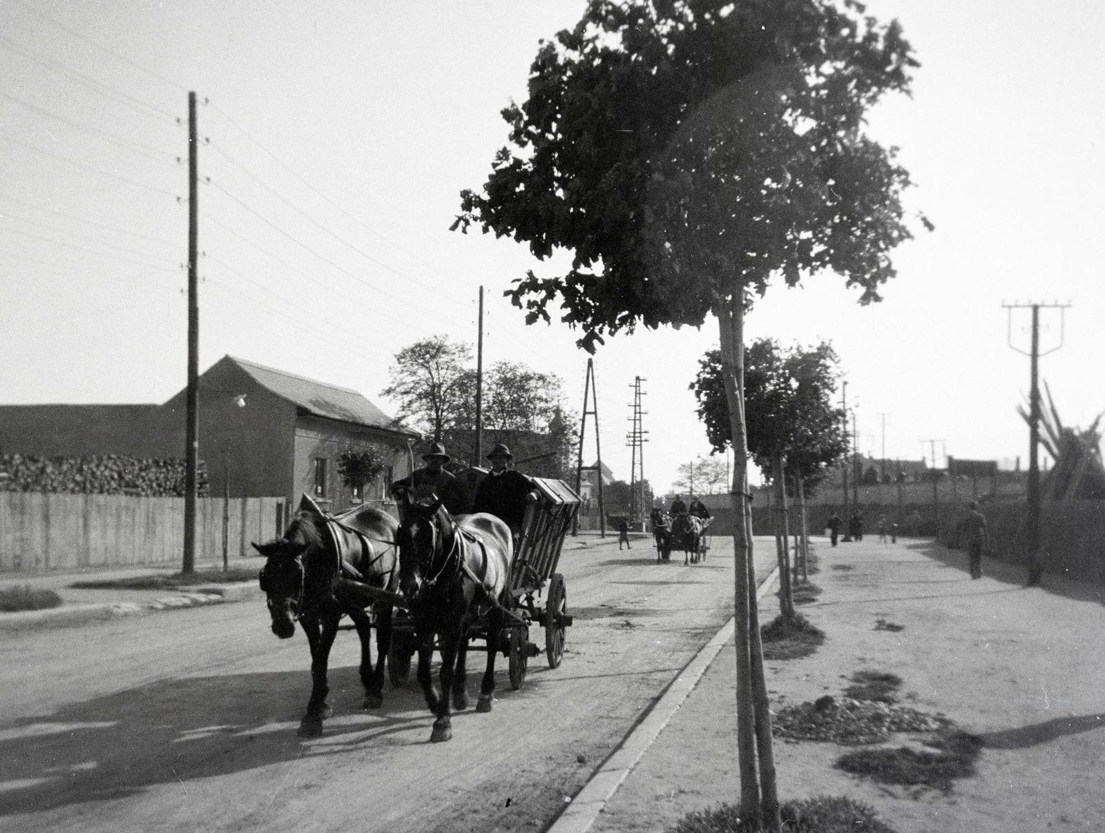 Hungary, Szombathely, Zanati út a Vépi út - Pálya utca közötti szakaszon. A fák takarásában a Szent Márton-templom tornya látszik., 1936, Nagy Emese, chariot, Fortepan #291863