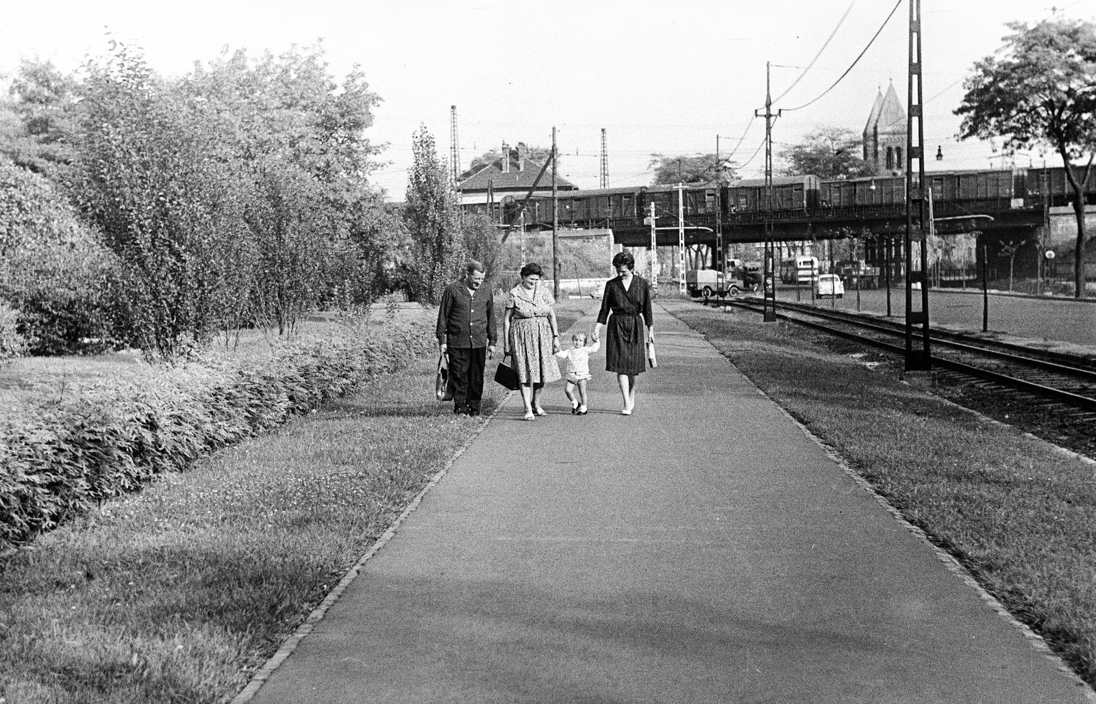 Magyarország, Budapest IX.,Budapest X., vasúti felüljáró az Üllői út felett, balra a Népliget, jobbra a háttérben a Szent Kereszt templom tornyai., 1963, Dusik, vasúti híd, kézenfogva, Budapest, Fortepan #292081