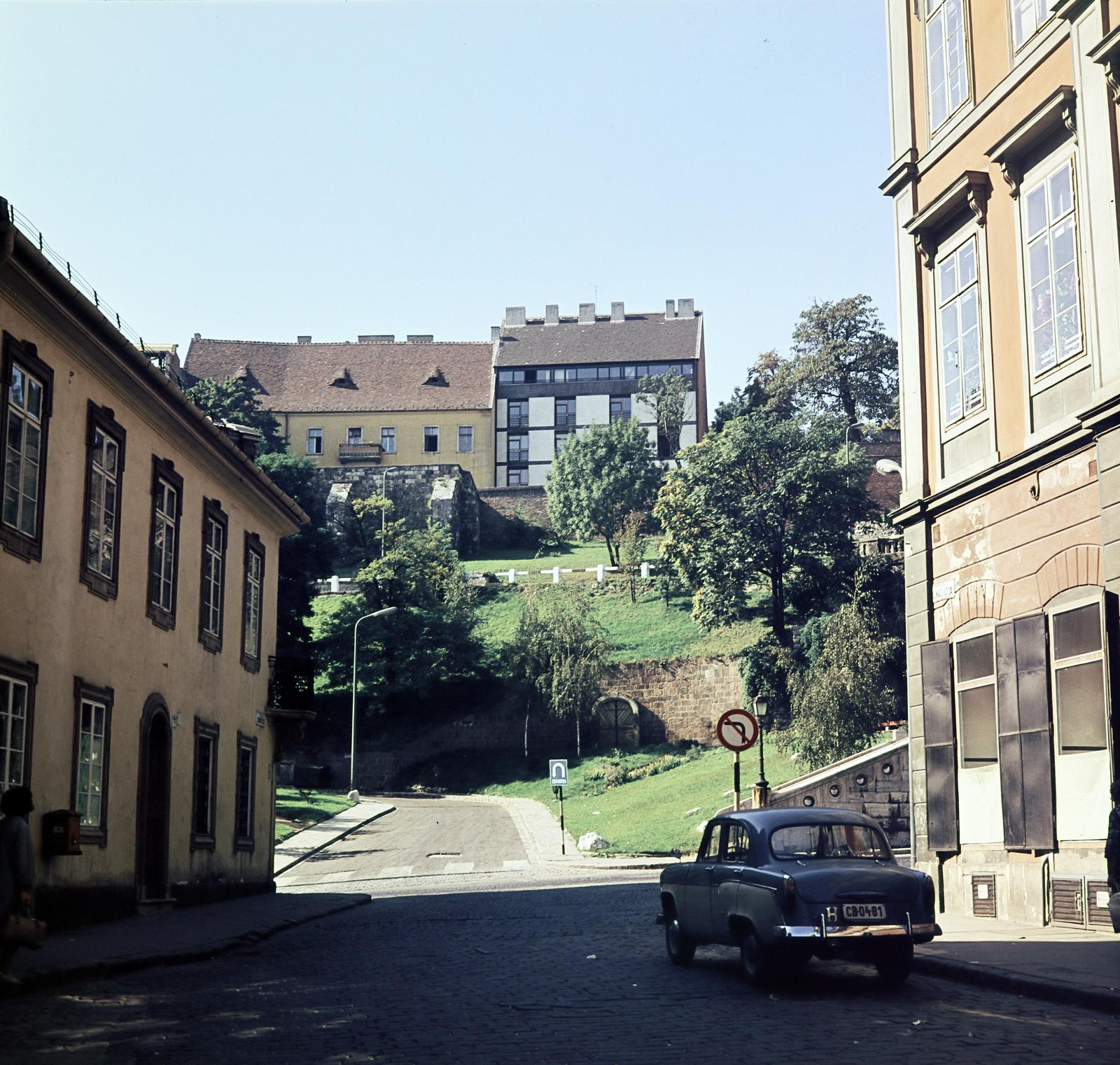 Hungary, Budapest I., Donáti utca a Hunyady János utca közelében. Fent a budai Várban a modern épület a Tárnok utca 7. számú ház hátsó homlokzata., 1967, Inkey Tibor, number plate, Moskvitch-brand, colorful, Budapest, Fortepan #292677