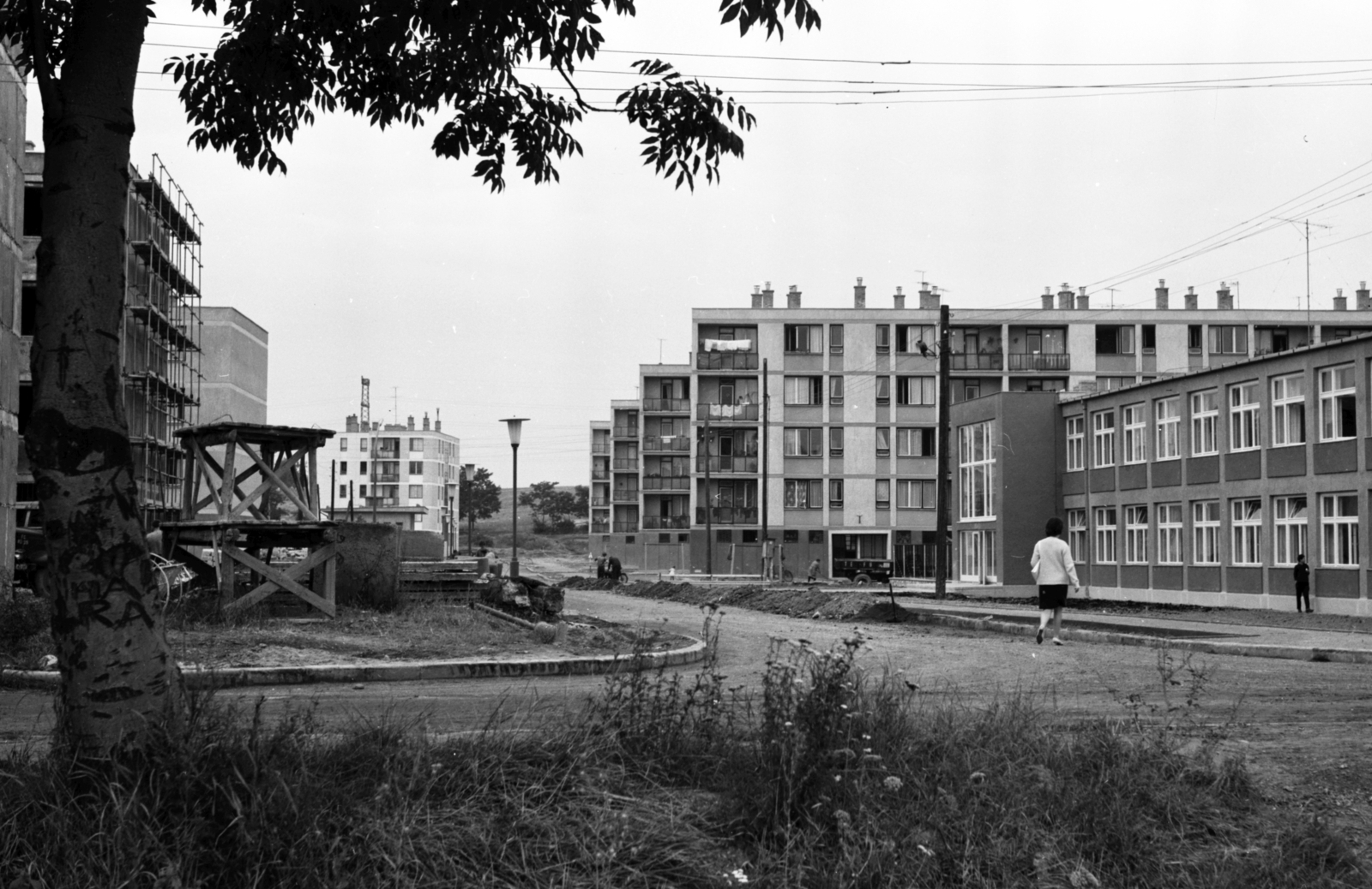 Hungary, Ajka, fjúság utca a Sport utca felől, jobbra az Ifjúság utca 9. szám alatti Veres Pálné Általános Iskola., 1966, Építésügyi Dokumentációs és Információs Központ, VÁTI, blocks, Fortepan #29290