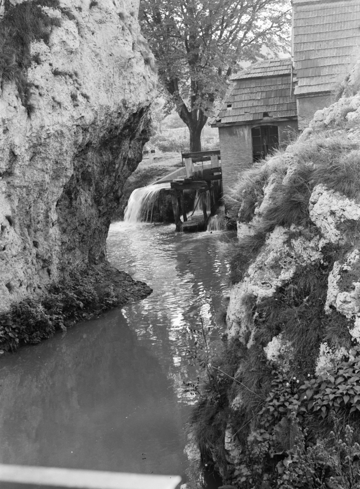 Magyarország, Veszprém, Séd patak és a Ring-malom a Benedek-hegy alatt., 1966, Építésügyi Dokumentációs és Információs Központ, VÁTI, malom, vízpart, patak, vizimalom, malomárok, Fortepan #29296