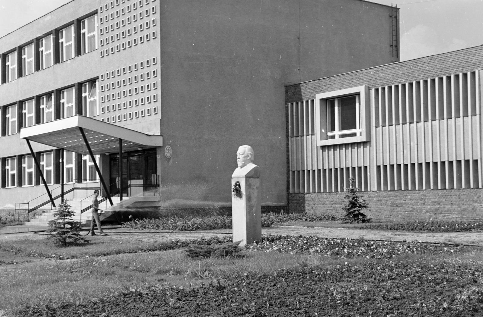 Magyarország, Székesfehérvár, Szabadságharcos út 57., Ybl Miklós Gimnázium és Szakközépiskola (később Kodolányi János Gimnázium). Előtérben Ungvári Lajos szobrászművész alkotása Ybl Miklós mellszobra (1965)., 1971, Kenderessy Tibor, Fortepan #293099