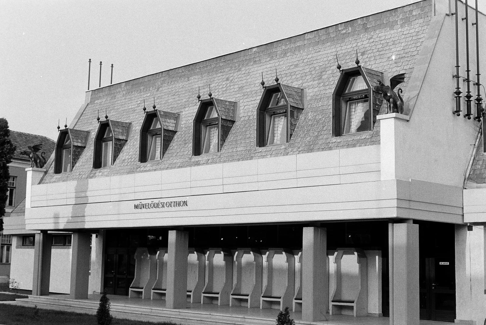 Hungary, Szécsény, Ady Endre út 14., Művelődési Otthon, a bronz épületdíszeket Rátonyi József szobrászművész alkotta (1987)., 1988, Mezei Attila, Fortepan #293212