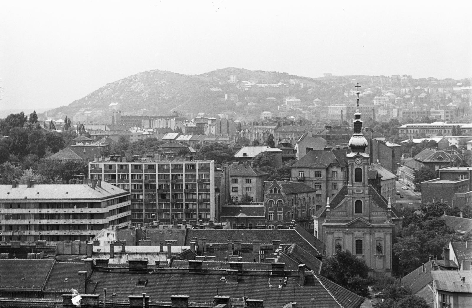 Magyarország, budai Vár, Budapest I., kilátás a Tóth Árpád sétányról a Sas-hegy felé, jobbra a Krisztina téren a Havas Boldogasszony-templom látható., 1975, Mezei Attila, Léczfalvi, Budapest, Fortepan #293275