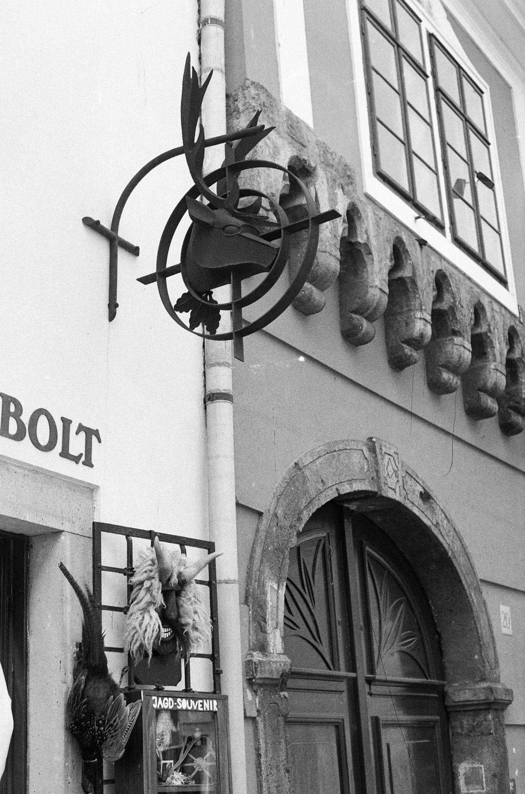 Hungary, Budapest I., Országház utca 18., a Vadászbolt-cégér Pölöskei József ötvösművész alkotása (1985)., 1982, Mezei Attila, Budapest, Fortepan #293376