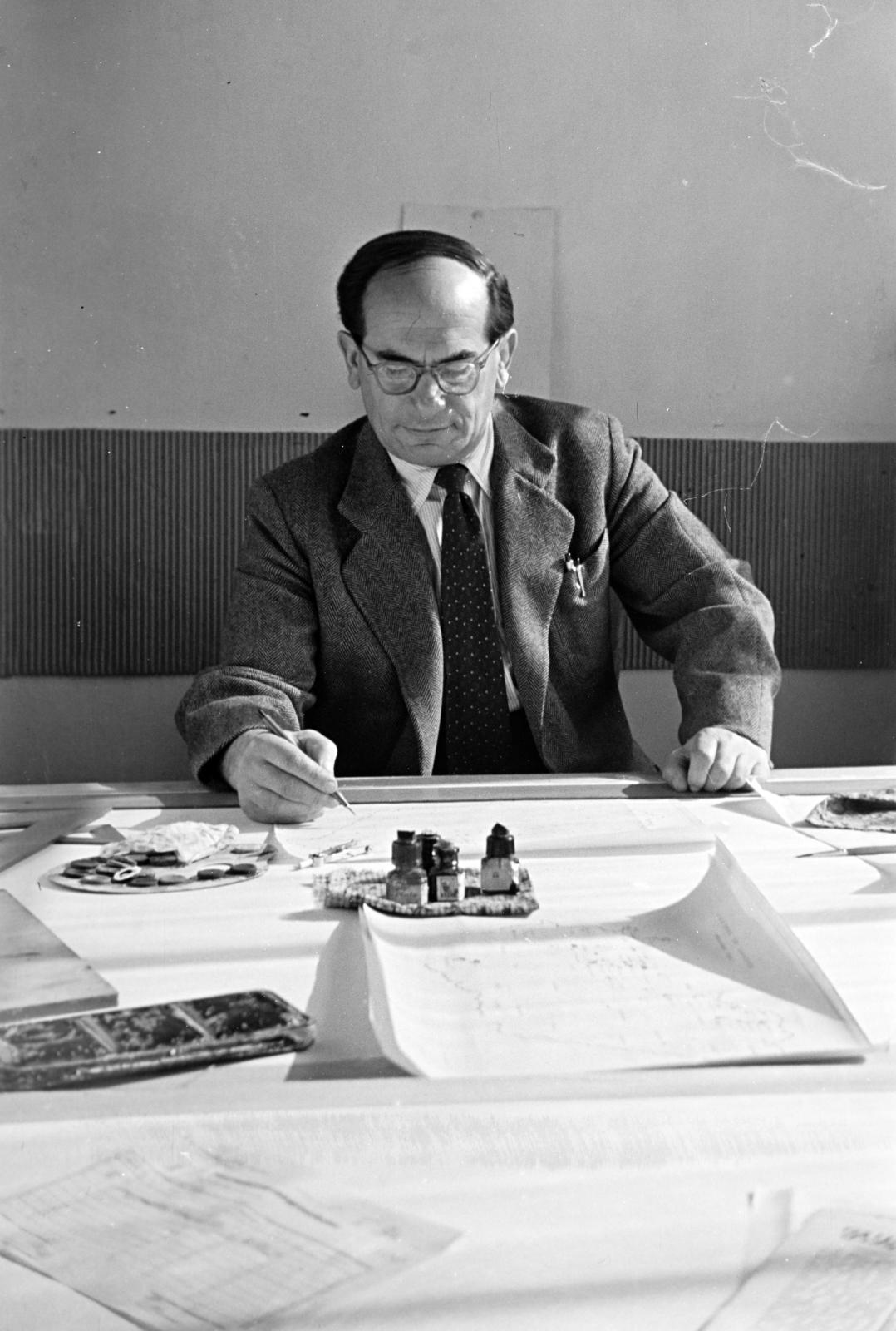 1956, Kárpát Vilmos, ink bottle, writing, man, Fortepan #293506